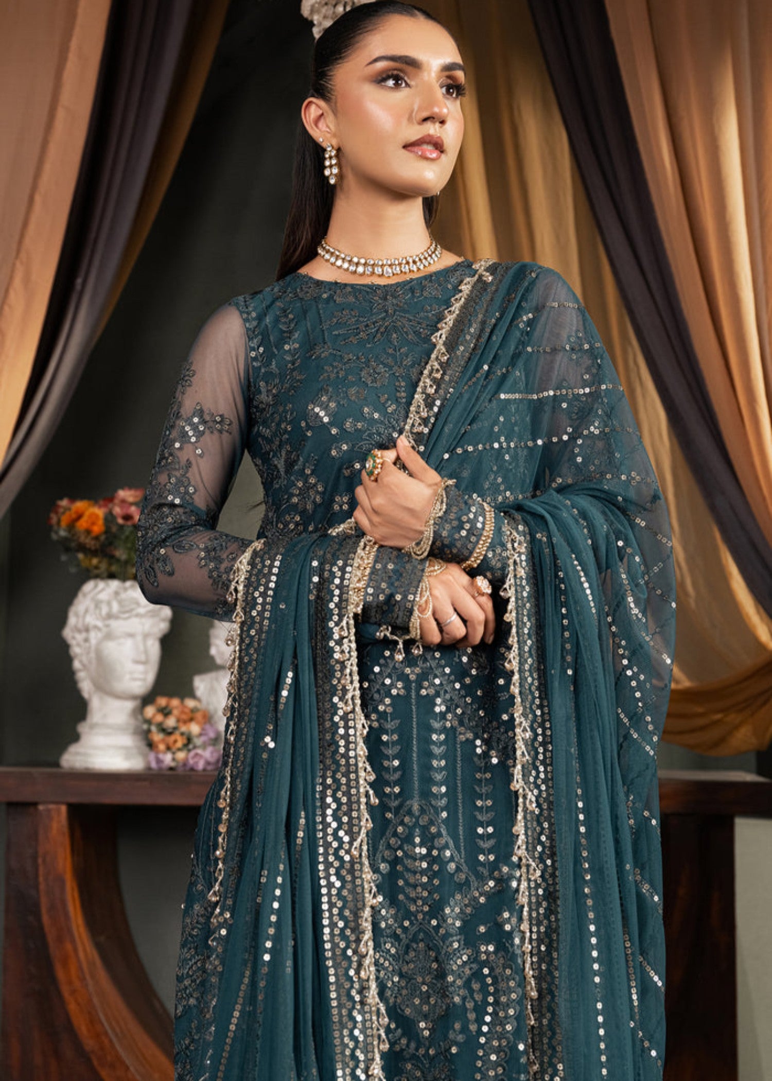 net Kurta Set in Dark green