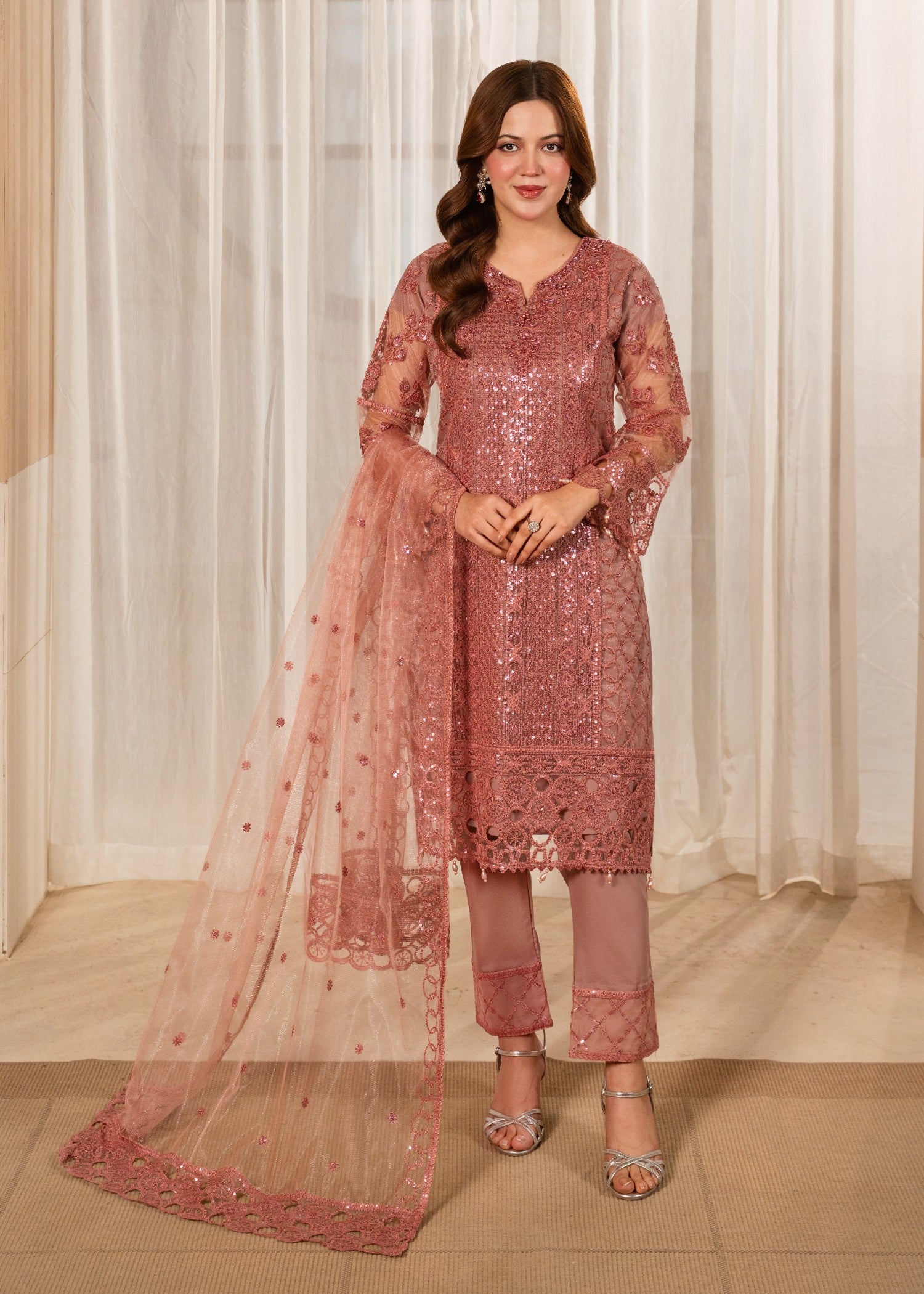 net Kurta Set in Lavender pink
