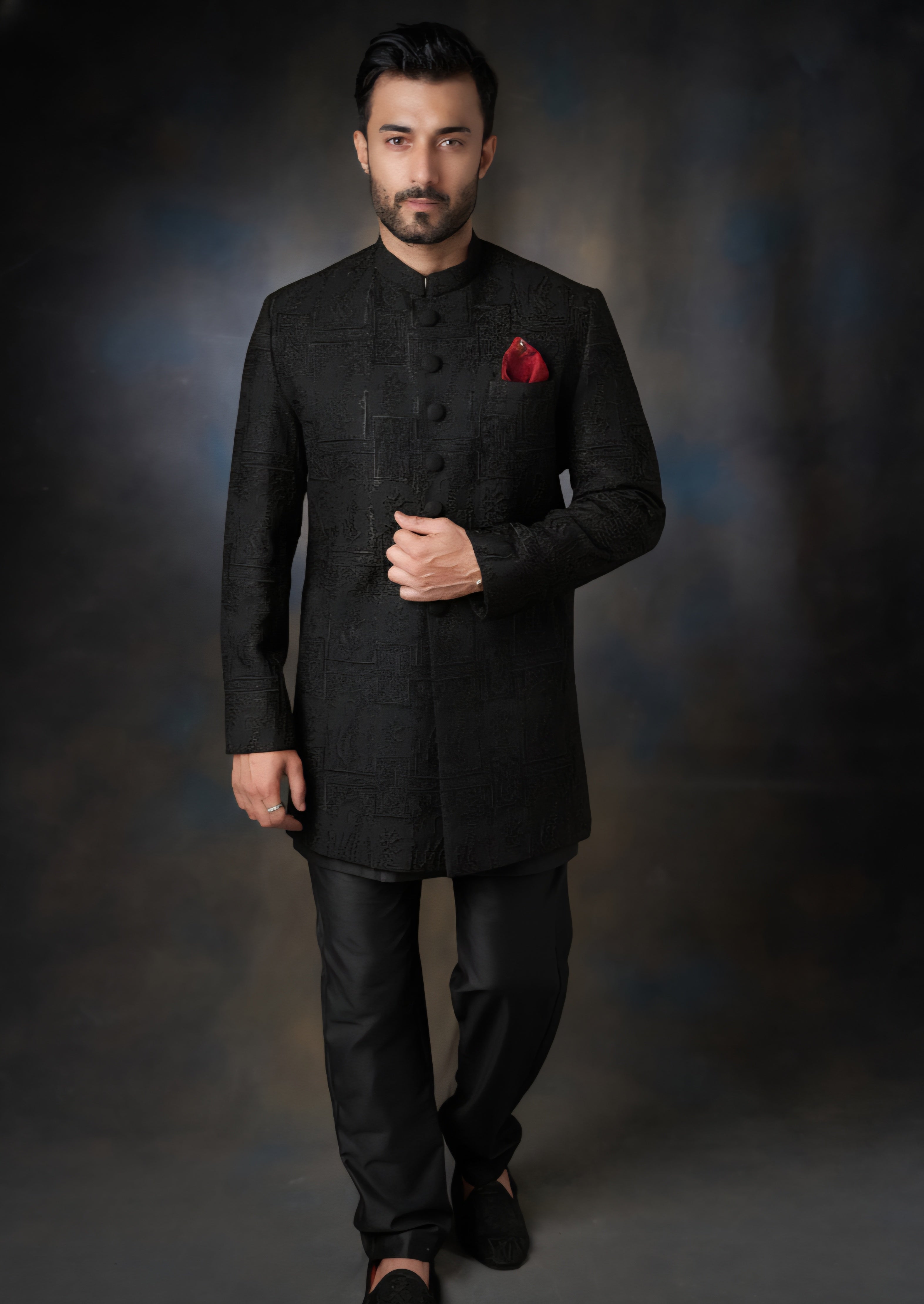 viscose raw silk Sherwani in Black