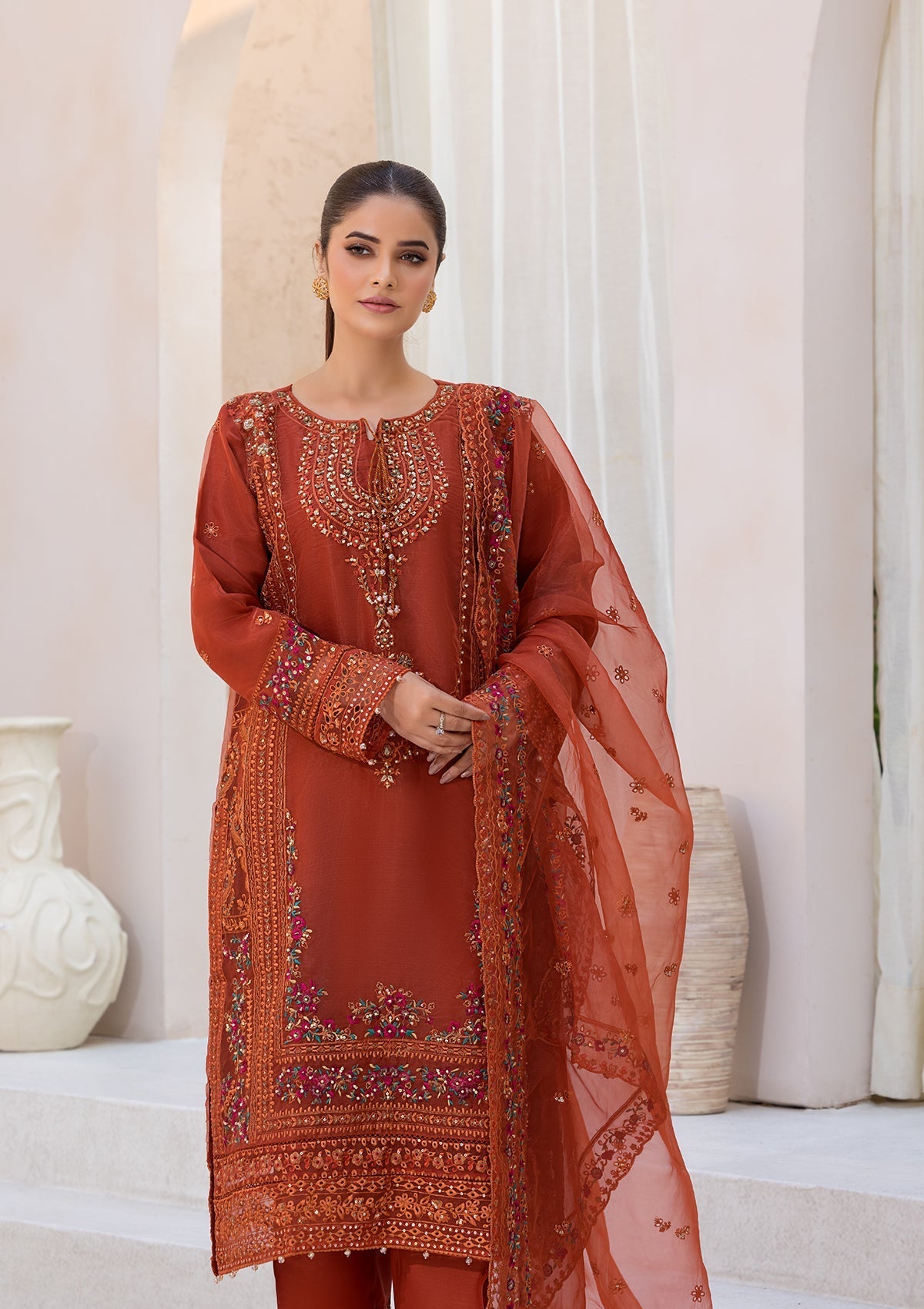 organza Kurta Set in Rust red