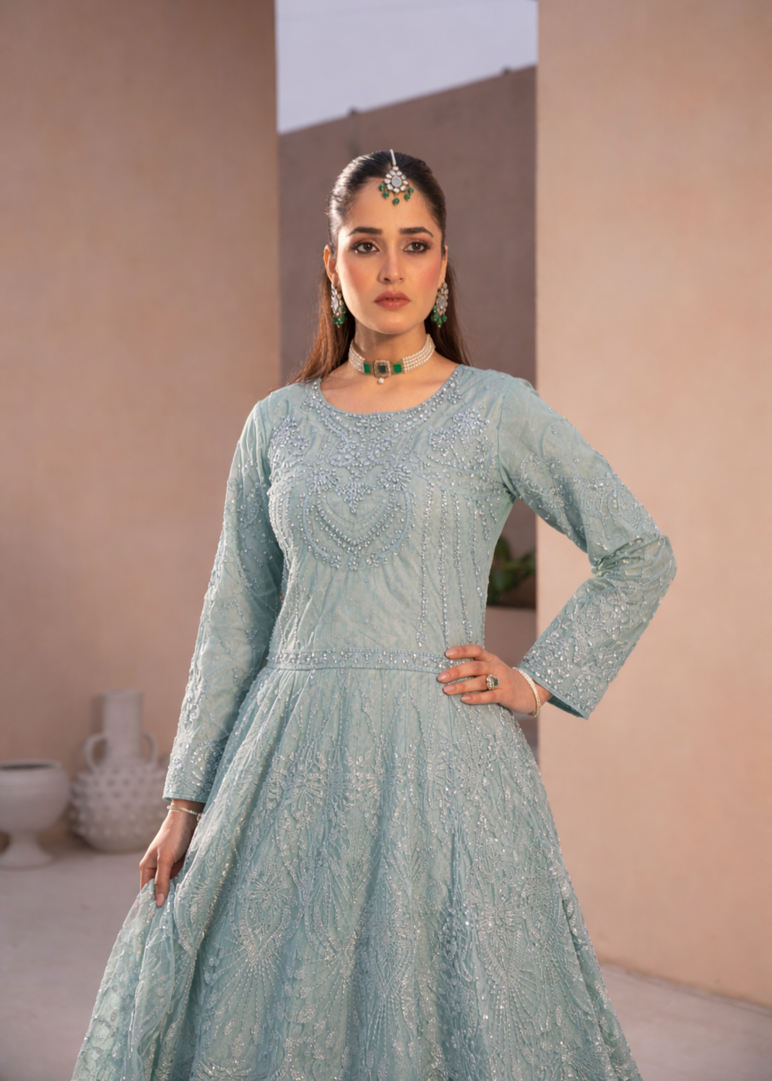 net Lehenga in Ash grey