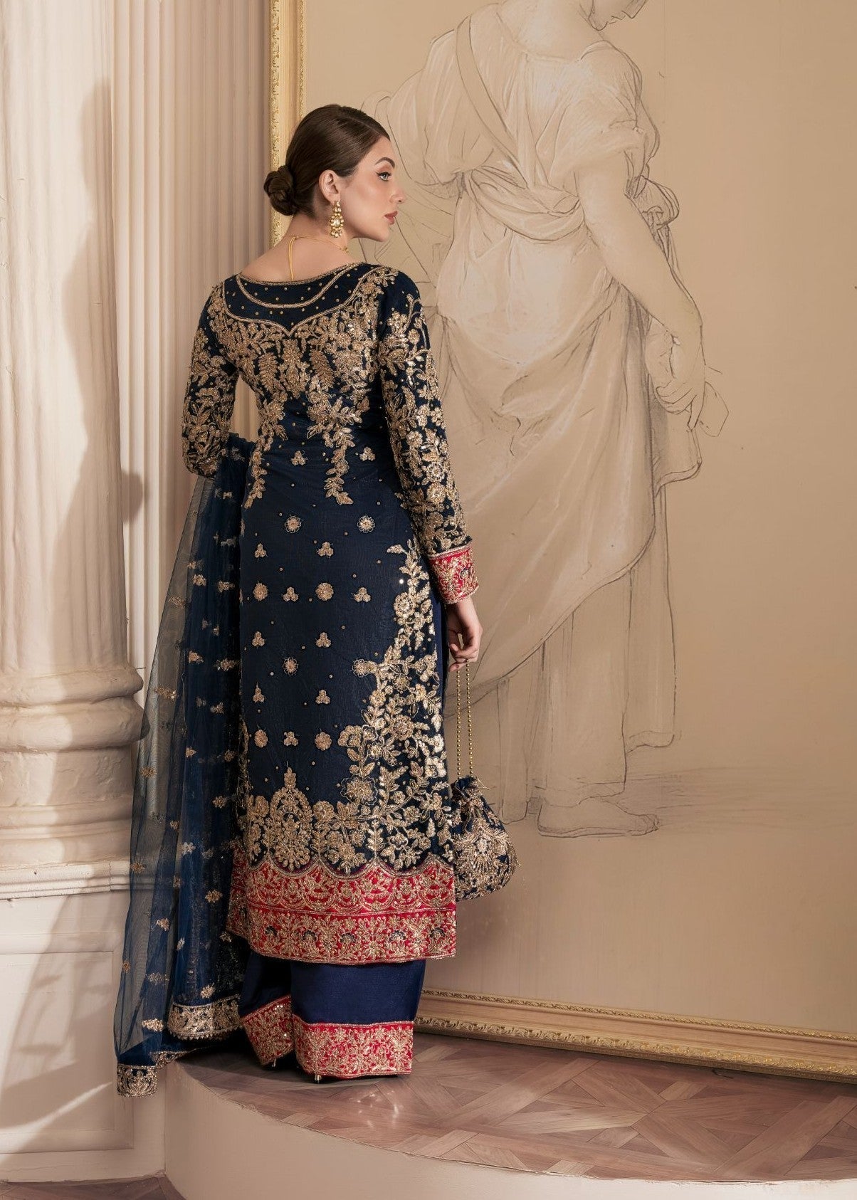 net Kurta Set in Navy blue