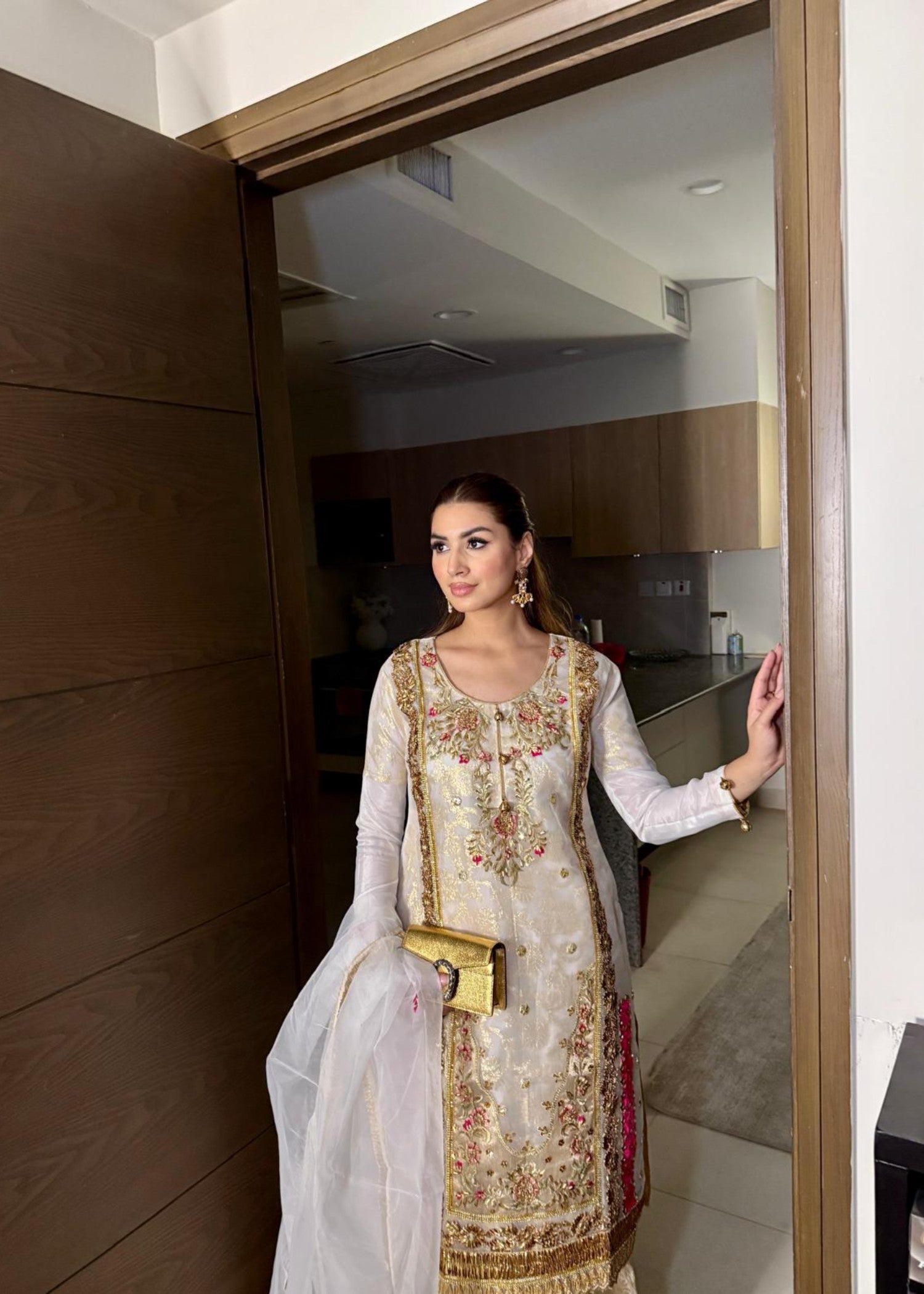 jamawar jacquard Kurta Set in White