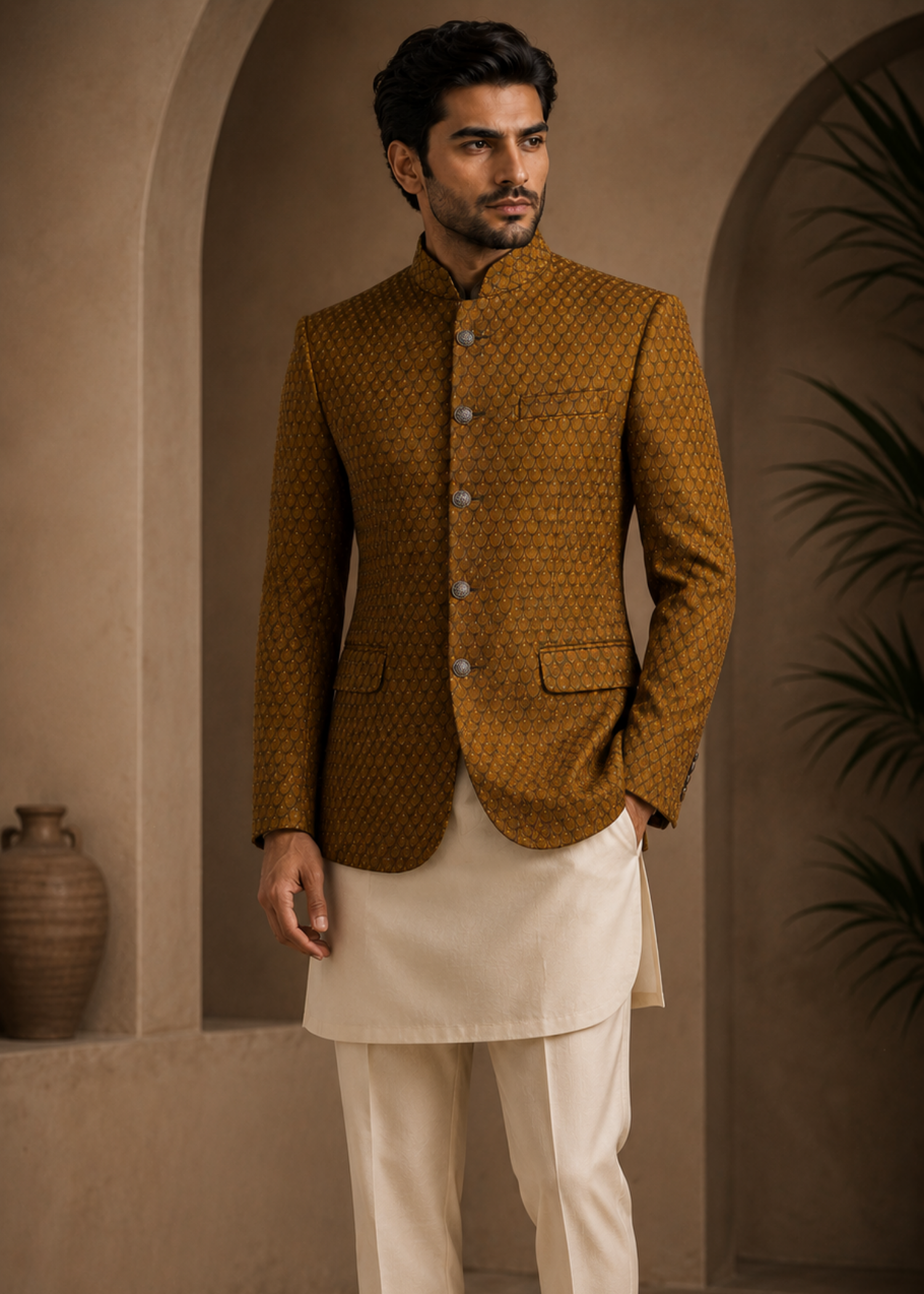 jamawar Prince Coat in Russet brown