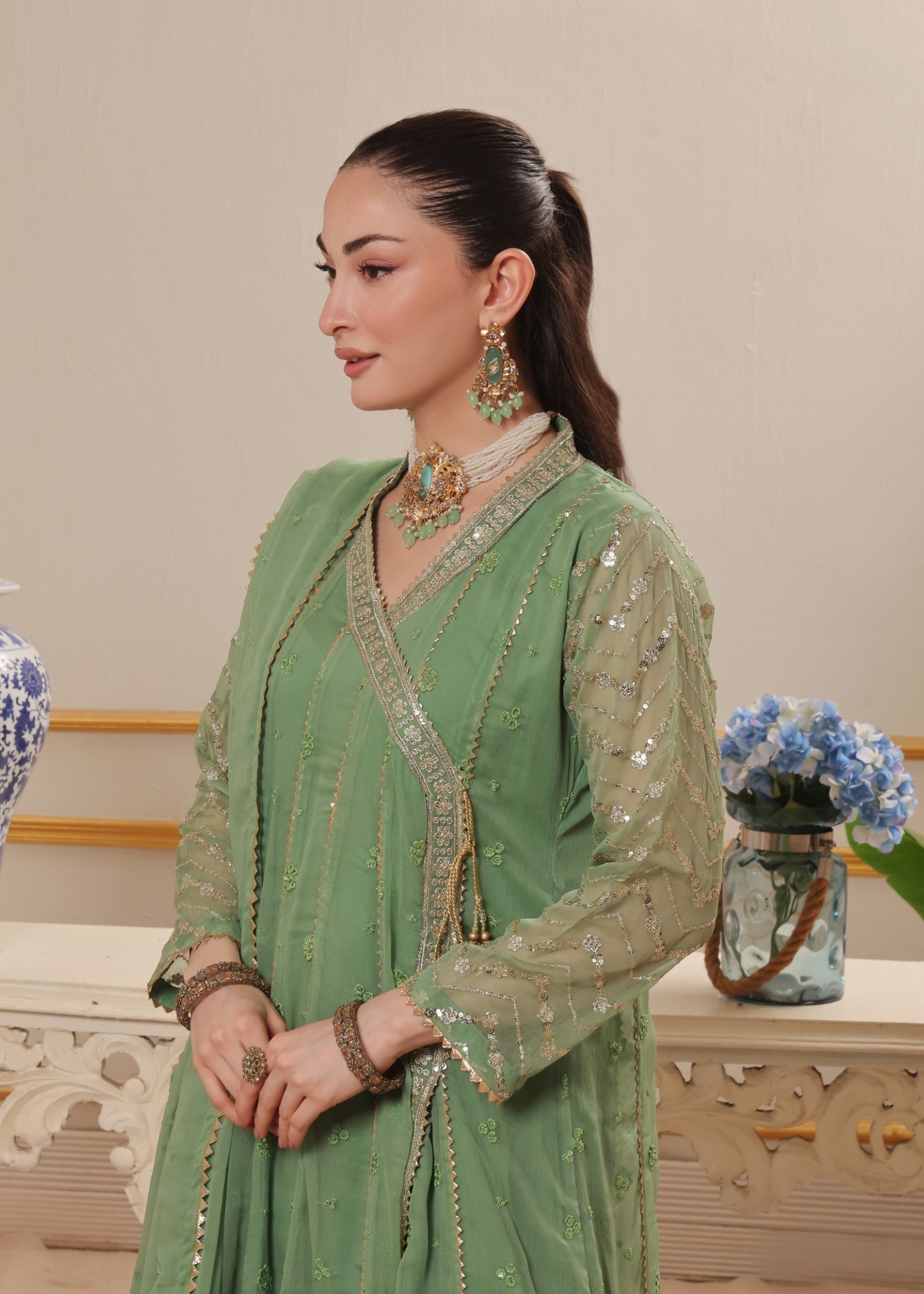 chiffon Angrakha in Pastel green