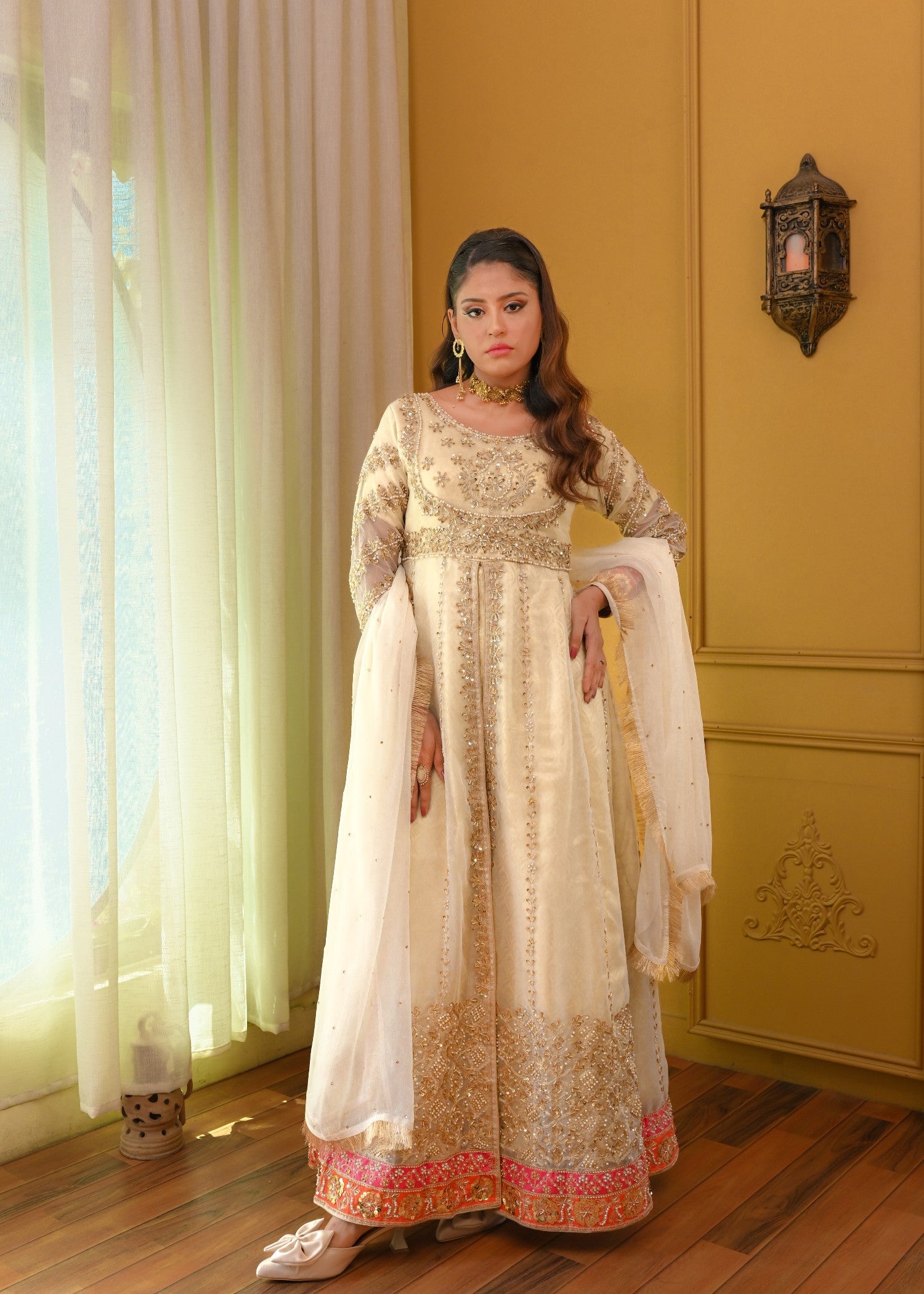 zari embroidered organza Pishwas in Ivory