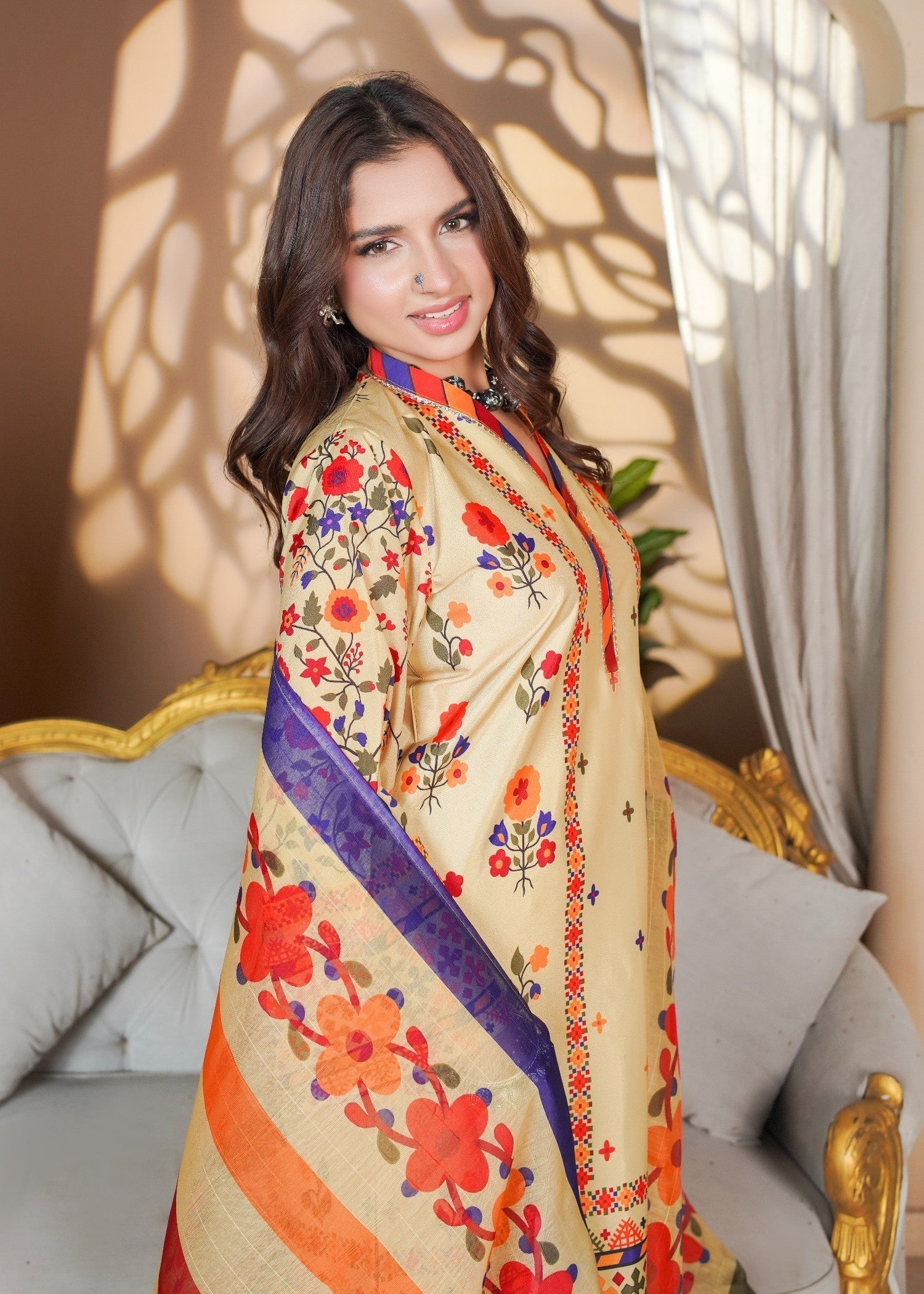 polyester crepe Kurta Set in Pale yellow