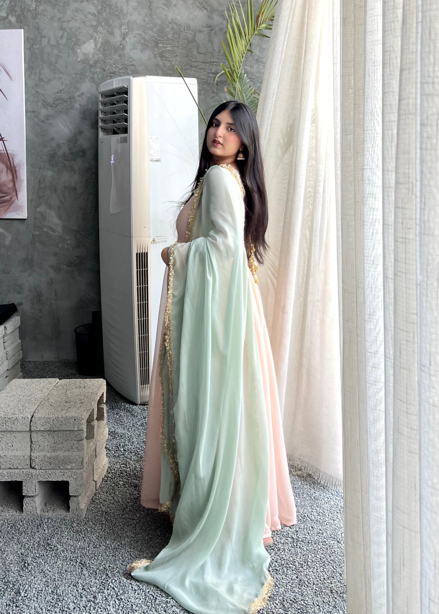bemberg crinkle chiffon Maxi in Pink, pistachio green