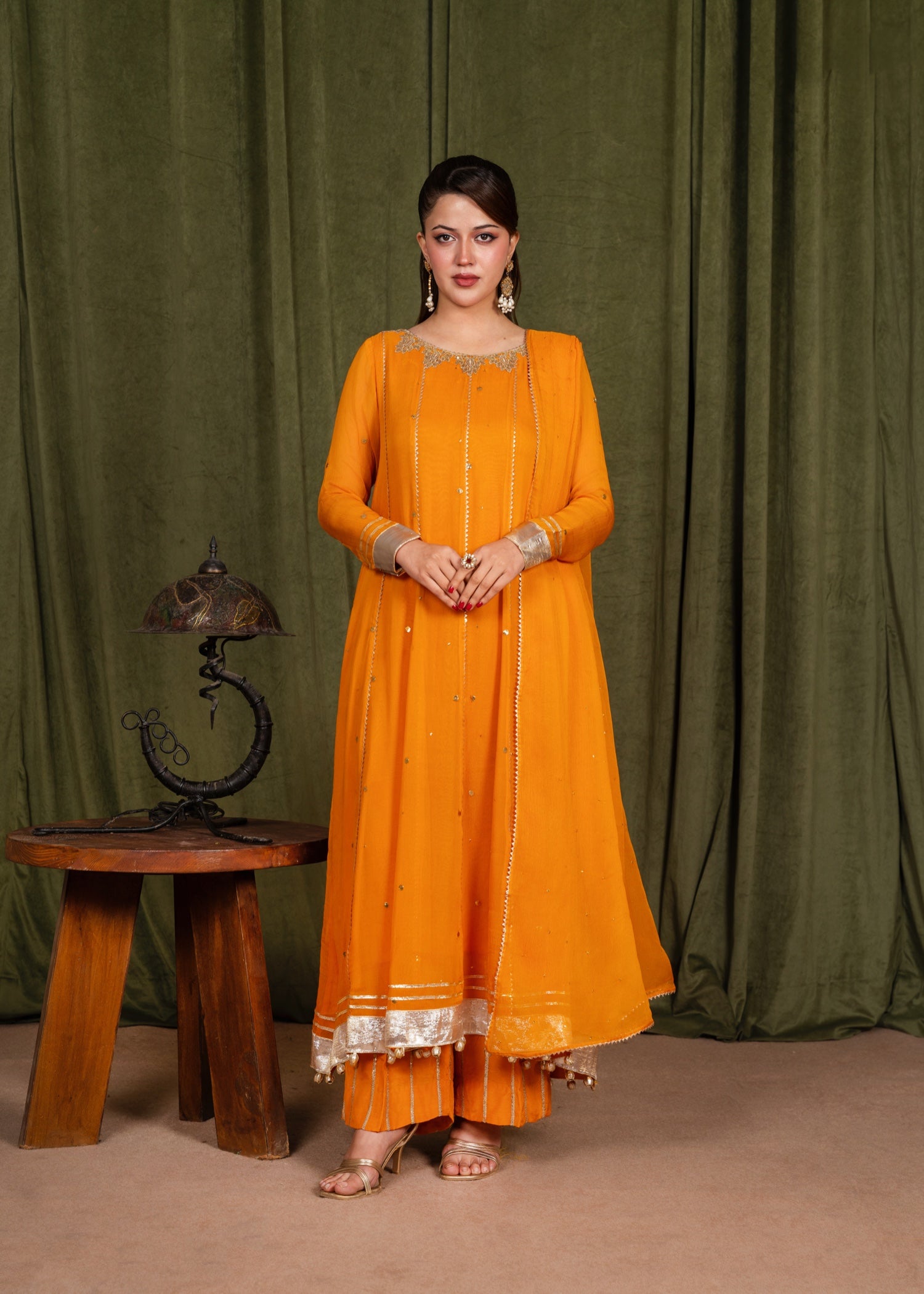 crinkle chiffon Anarkali in Goldfish orange