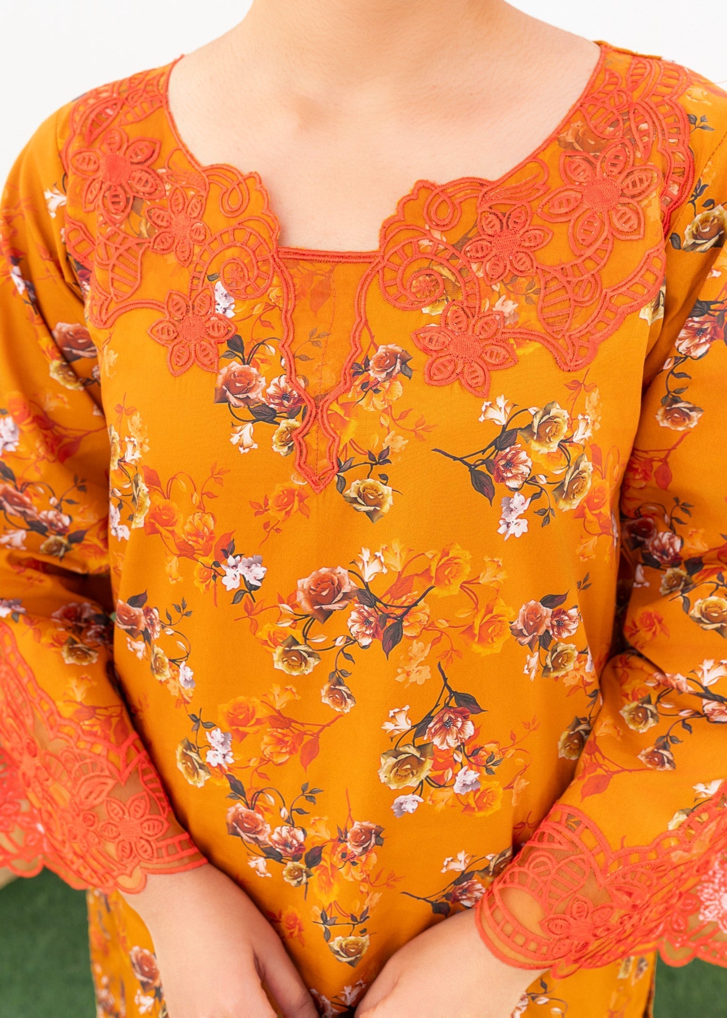 cambric Kurta Set in Orange