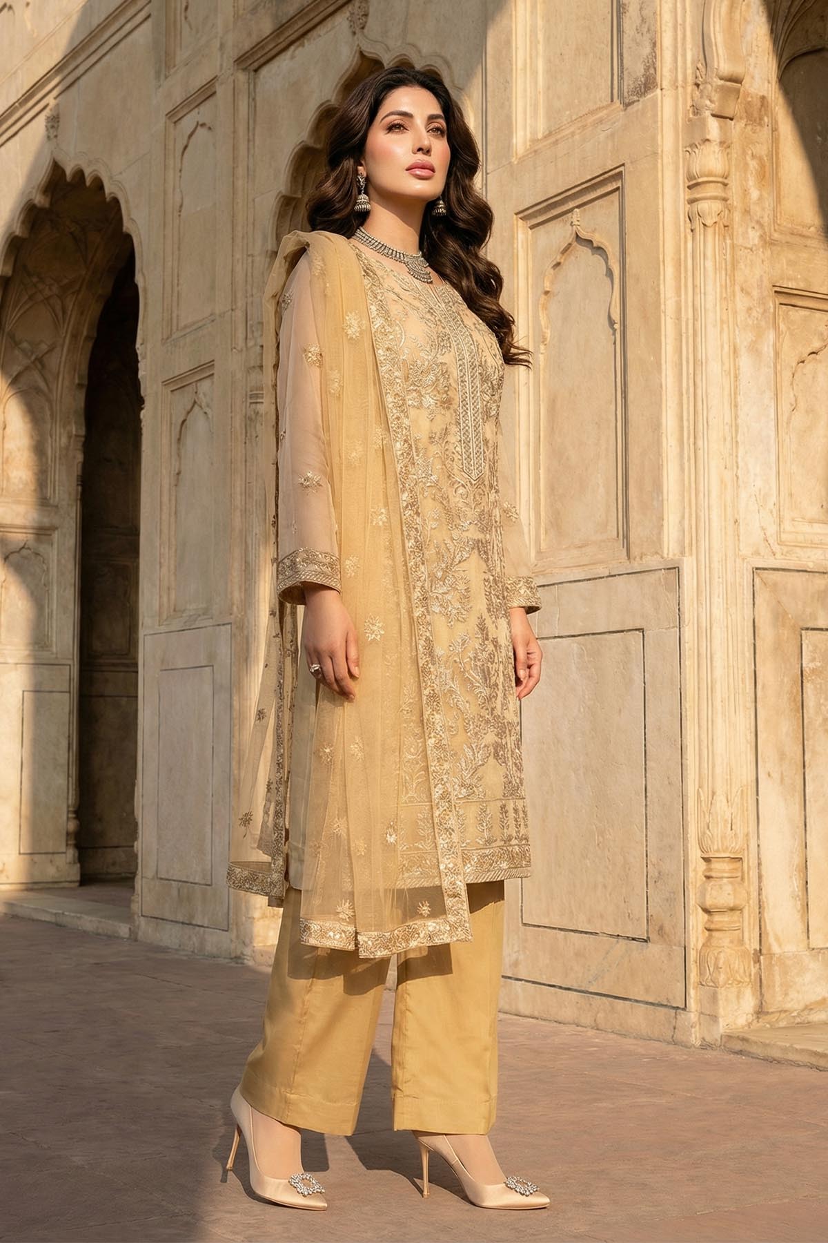 silk cotton net Kurta Set in Gold