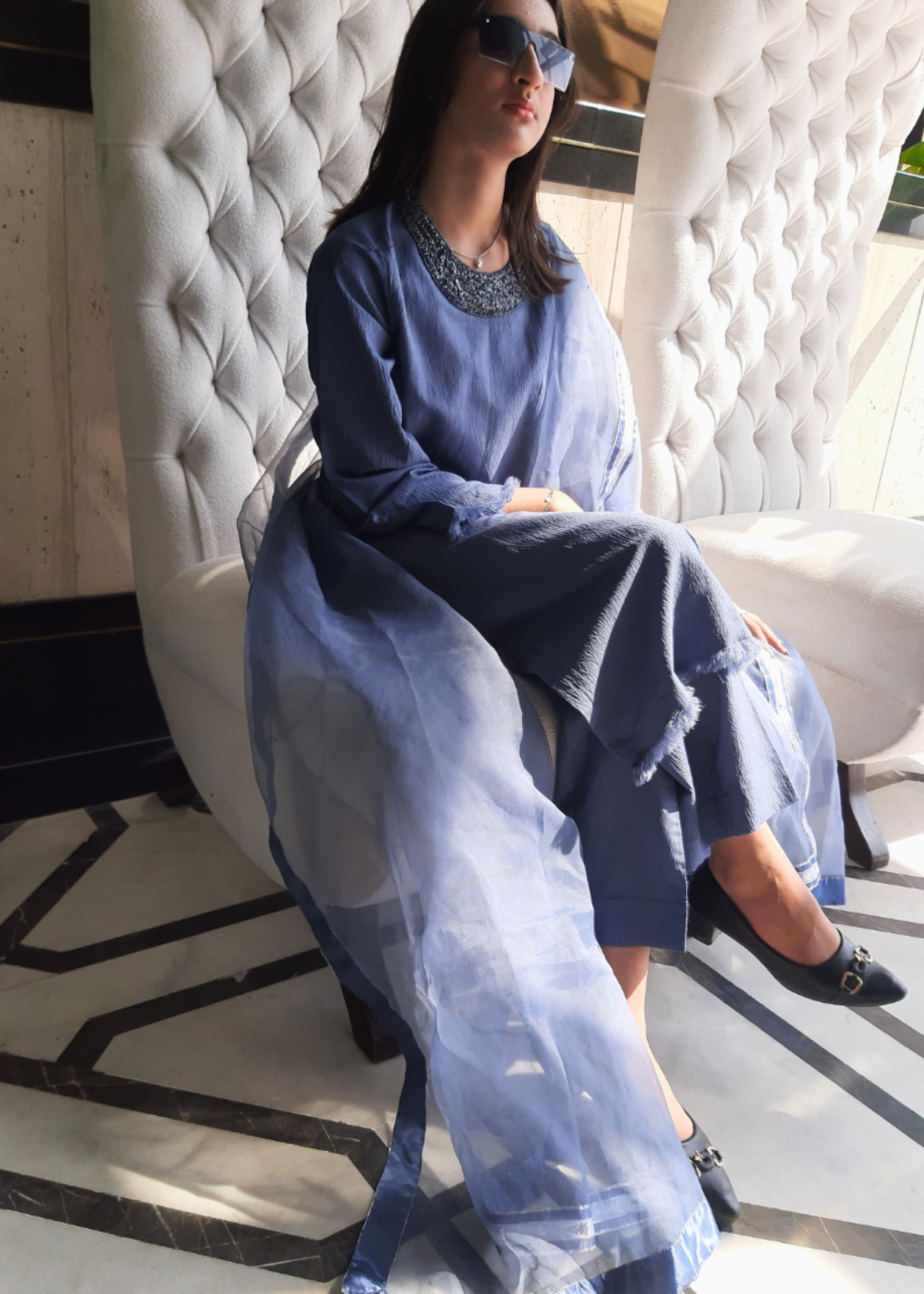 textured grip Kurta Set in Steel blue