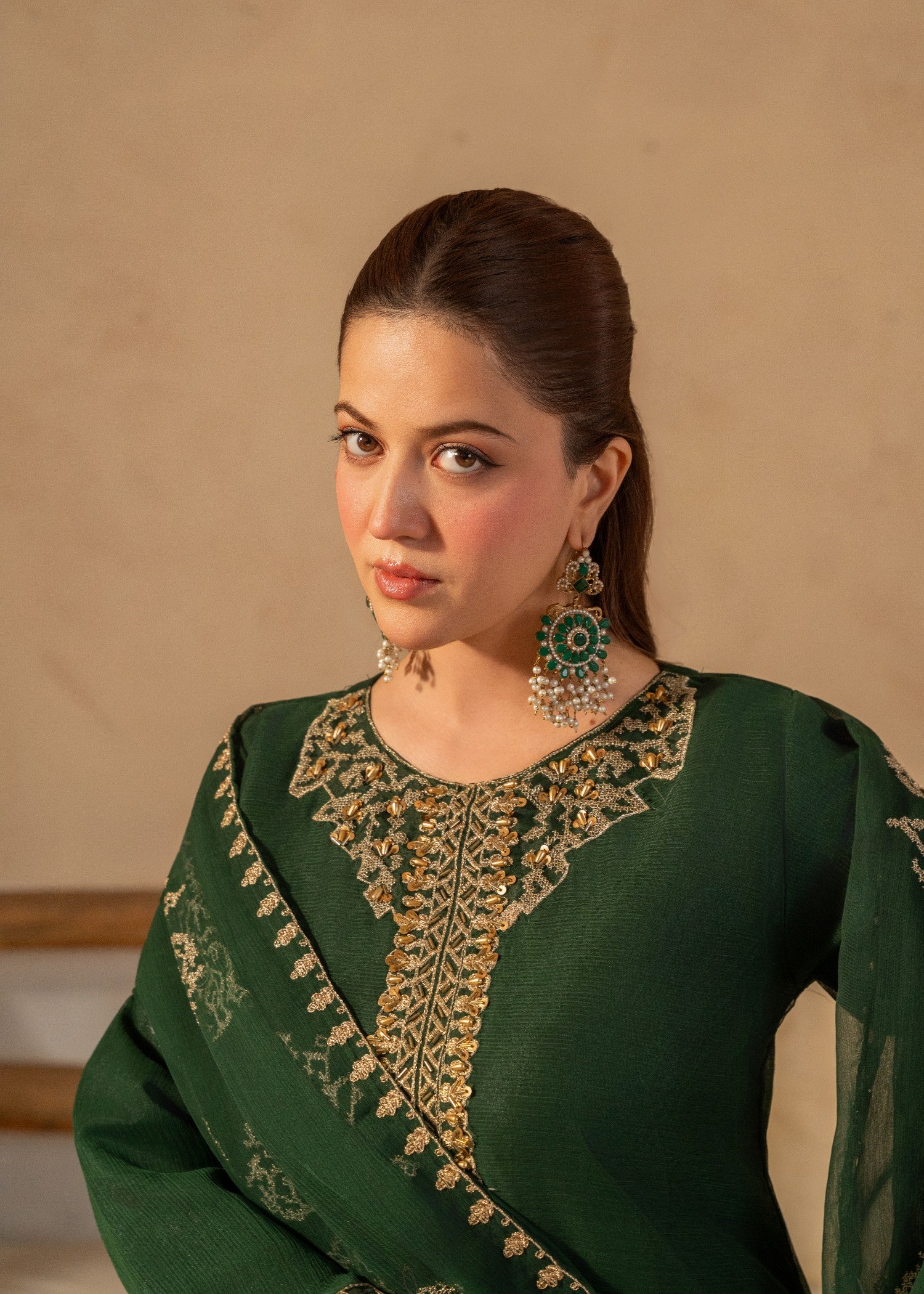 chiffon Kurta Set in Dark green