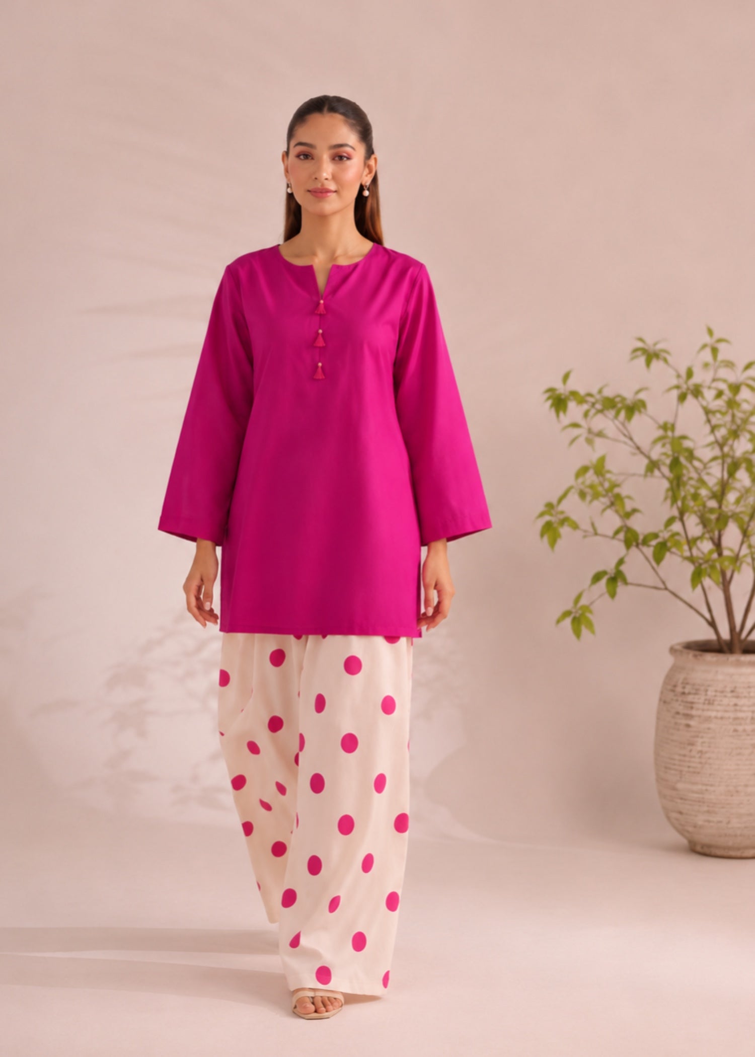 linen Kurta Set in Shocking pink, off-white