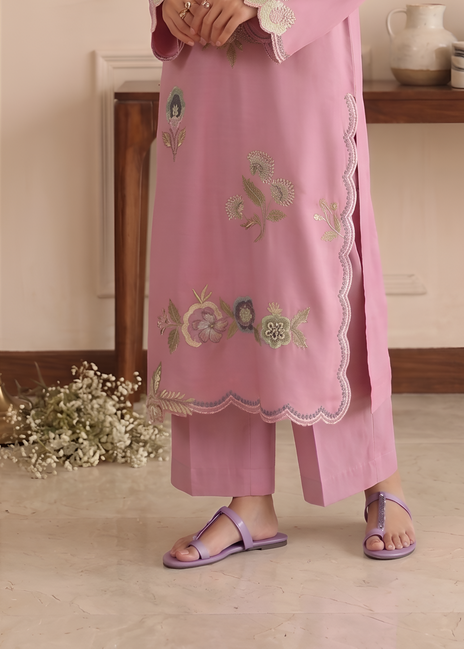 linen Kurta Set in Light pink