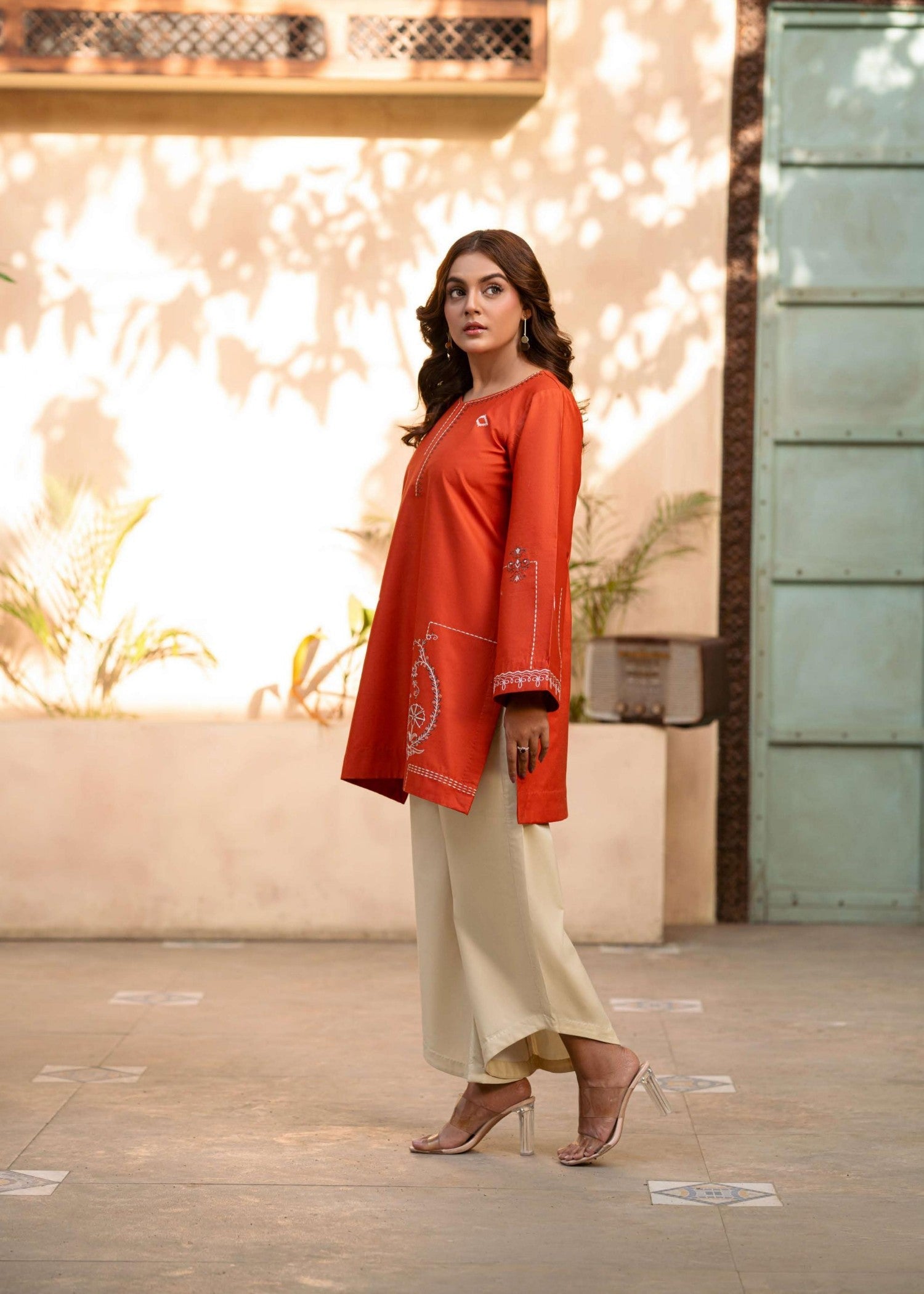 lawn Kurta Set in Flame