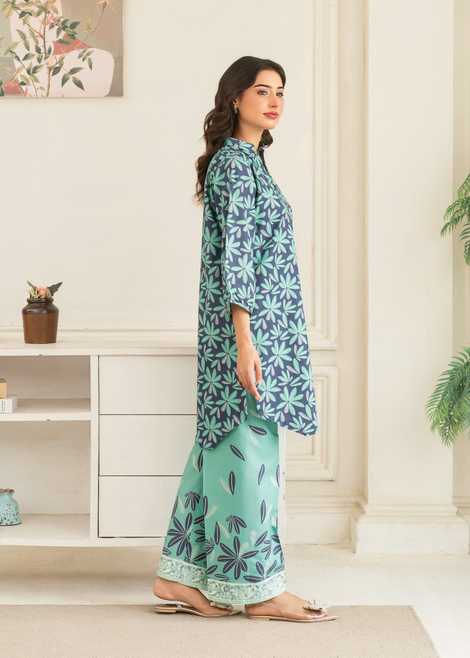 cotton Kurta Set in Turquoise, navy blue