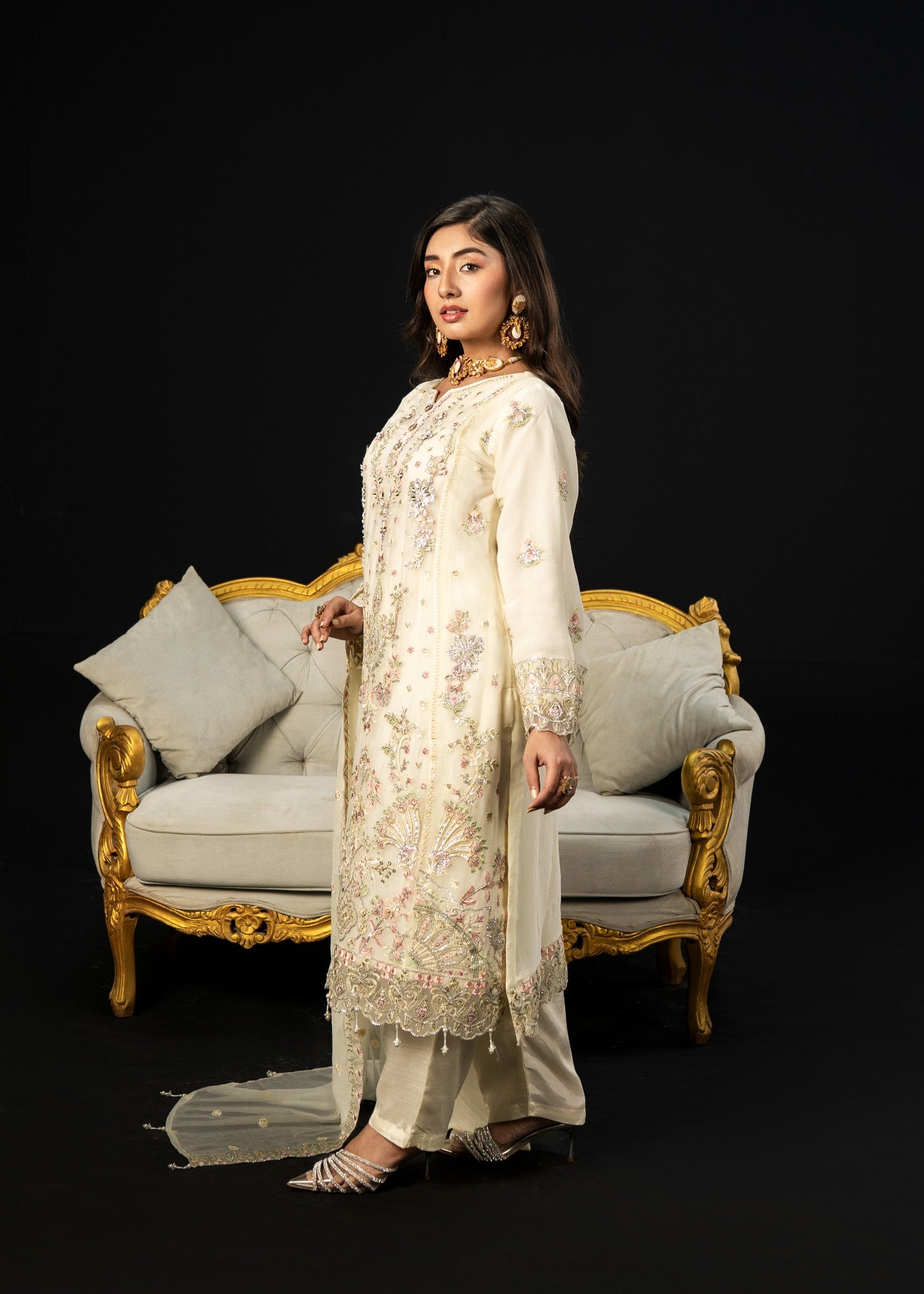 crinkle chiffon Kurta Set in Ivory