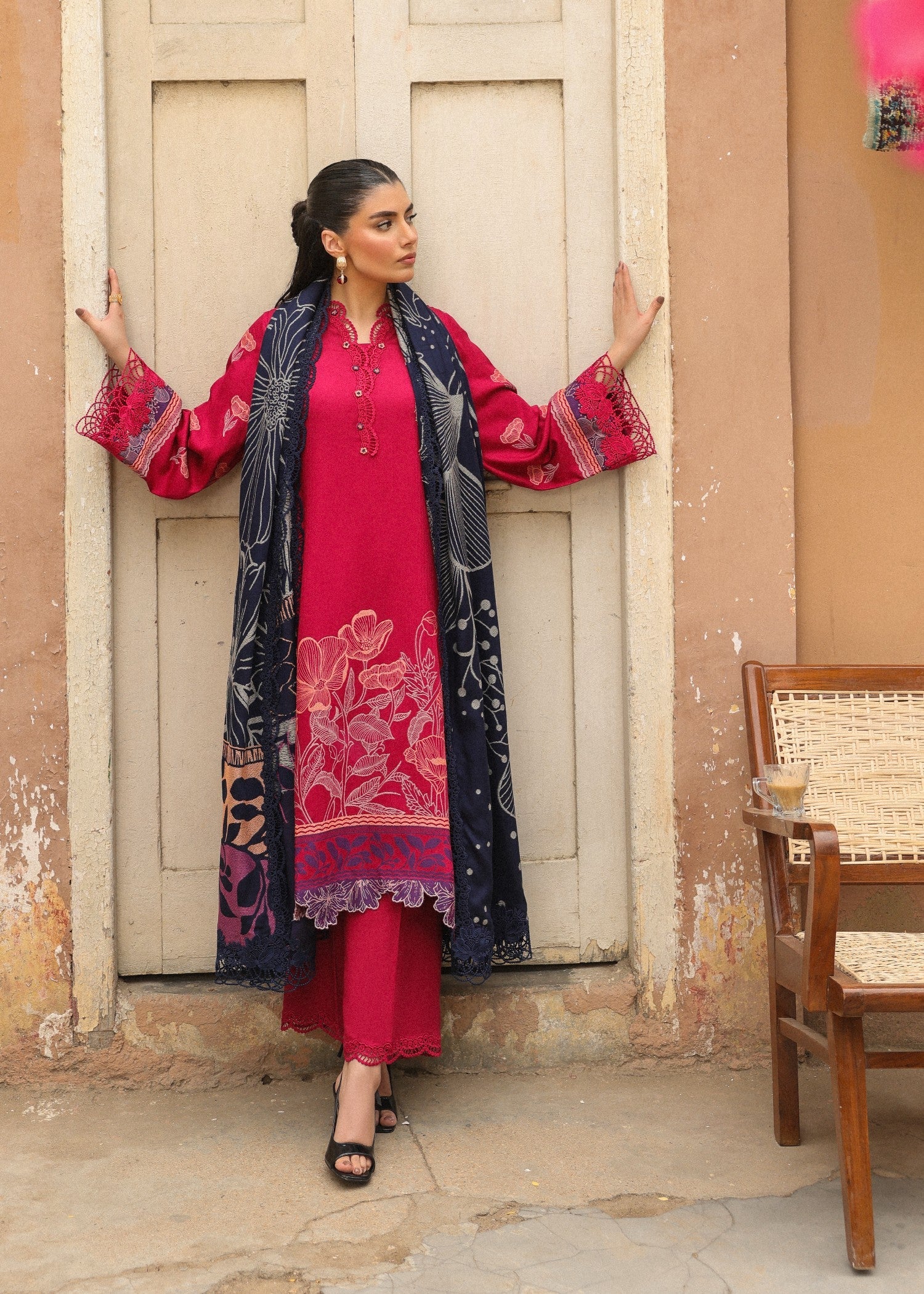 jacquard viscose Unstitched in Hot pink