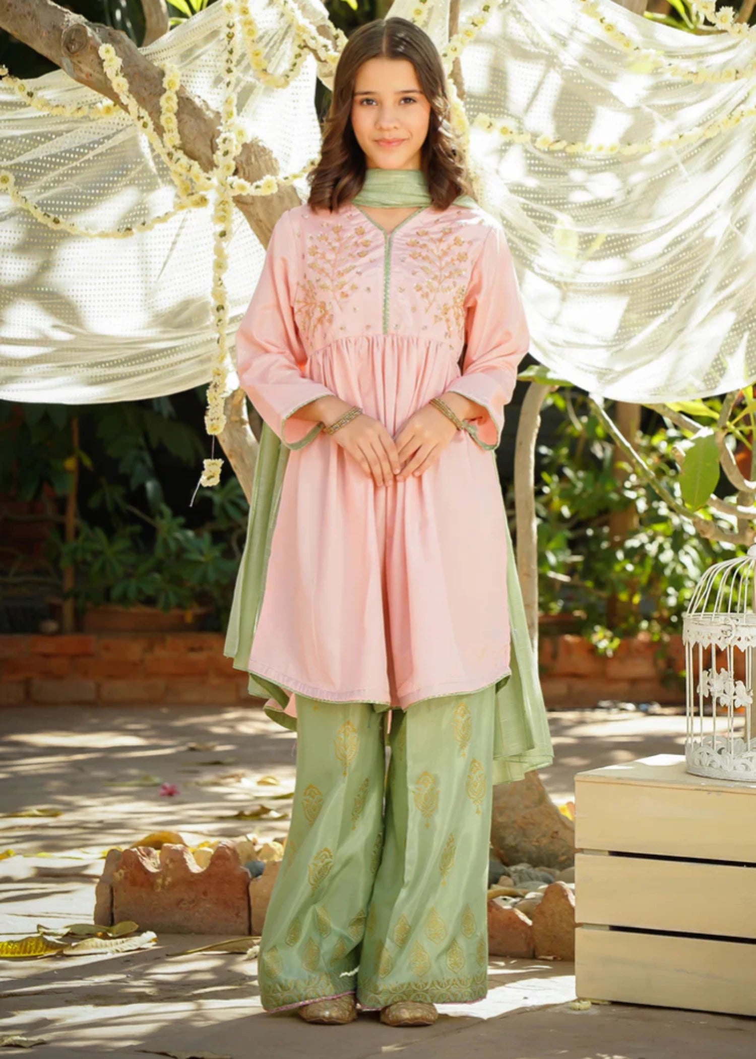 cotton silk Short Frock in Peach pink