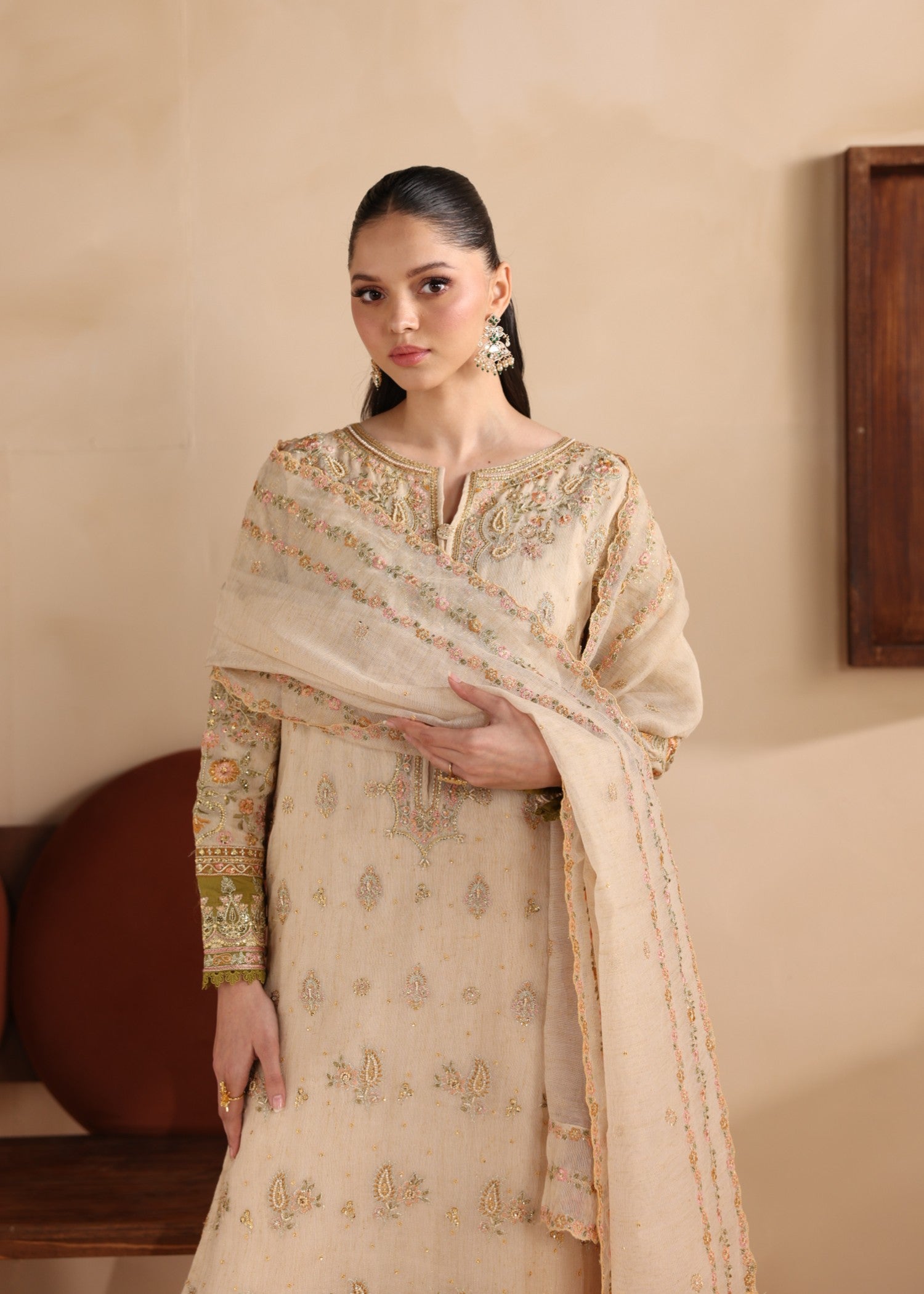 khaddi net Kurta Set in Beige