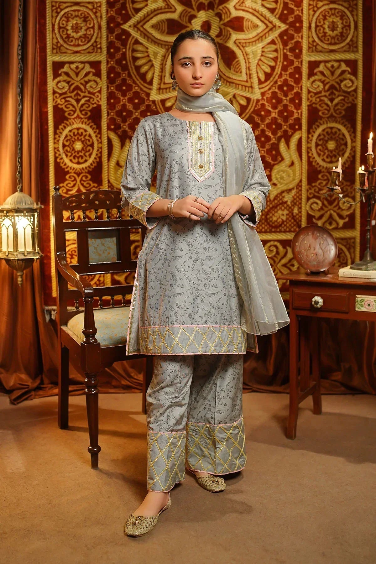 jacquard Kurta Set in Ash grey