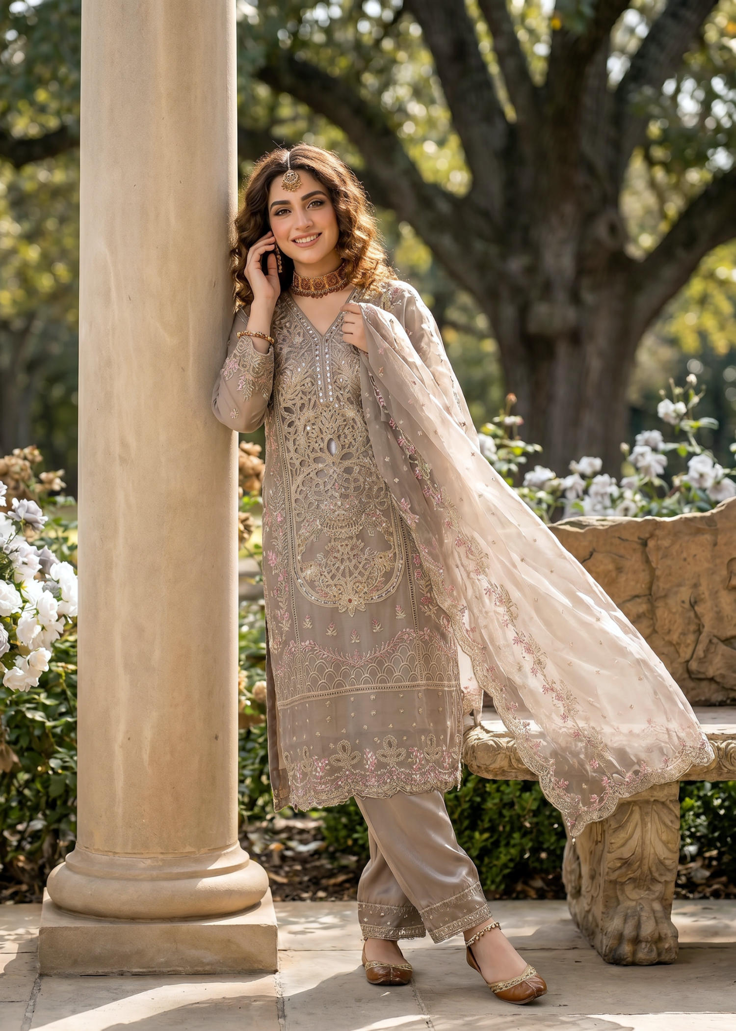 net Kurta Set in Earth brown