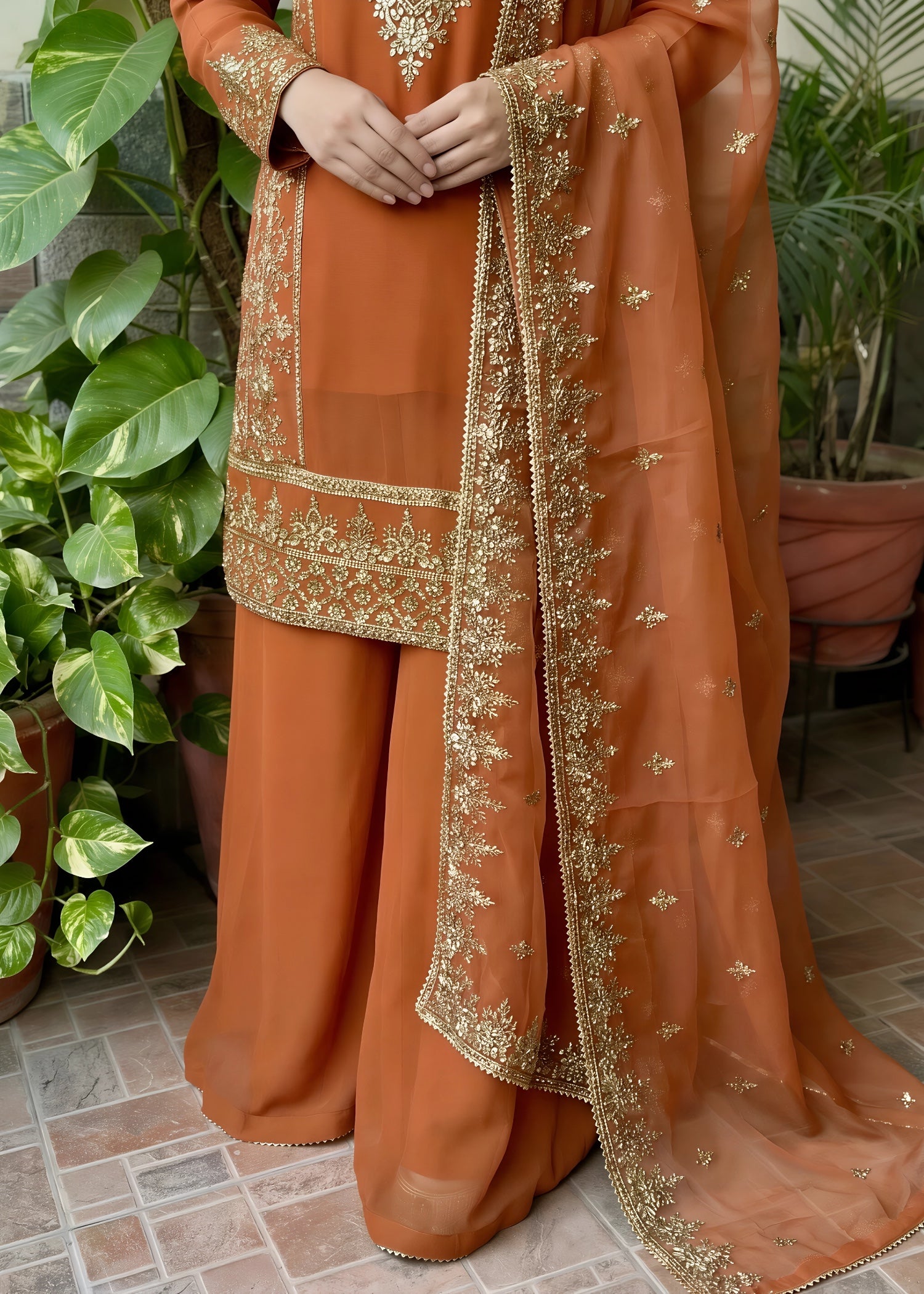 chiffon Sharara in Rust orange