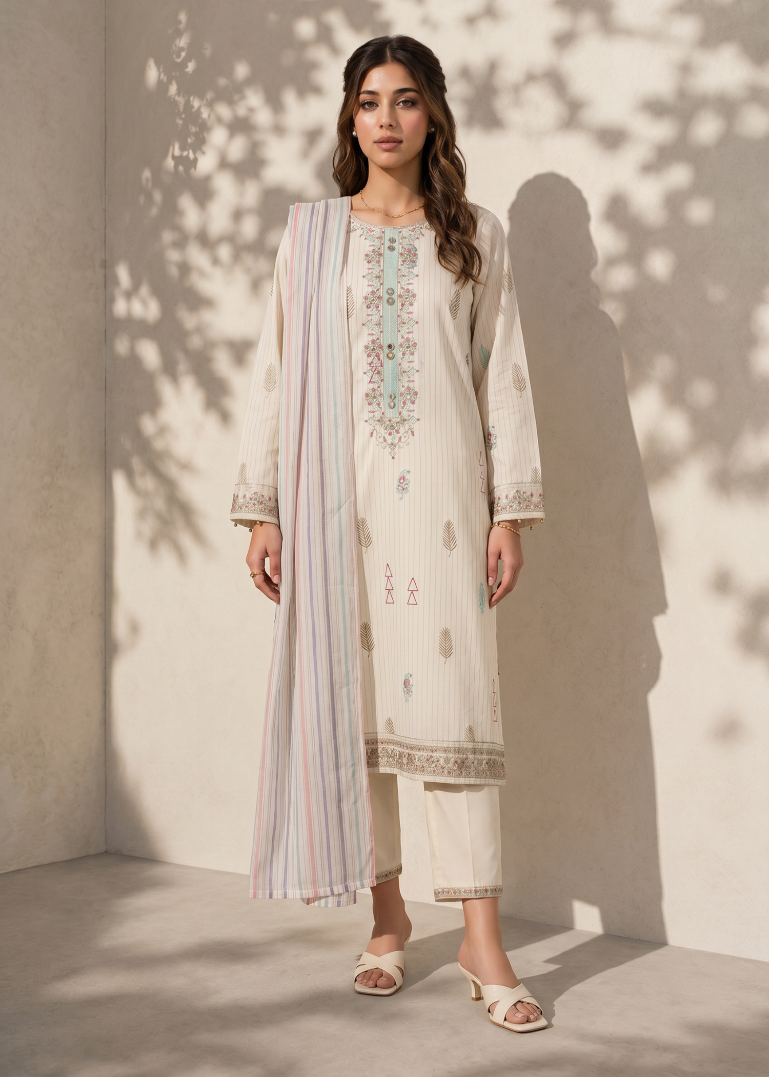 cross hetch Kurta Set in Off-white