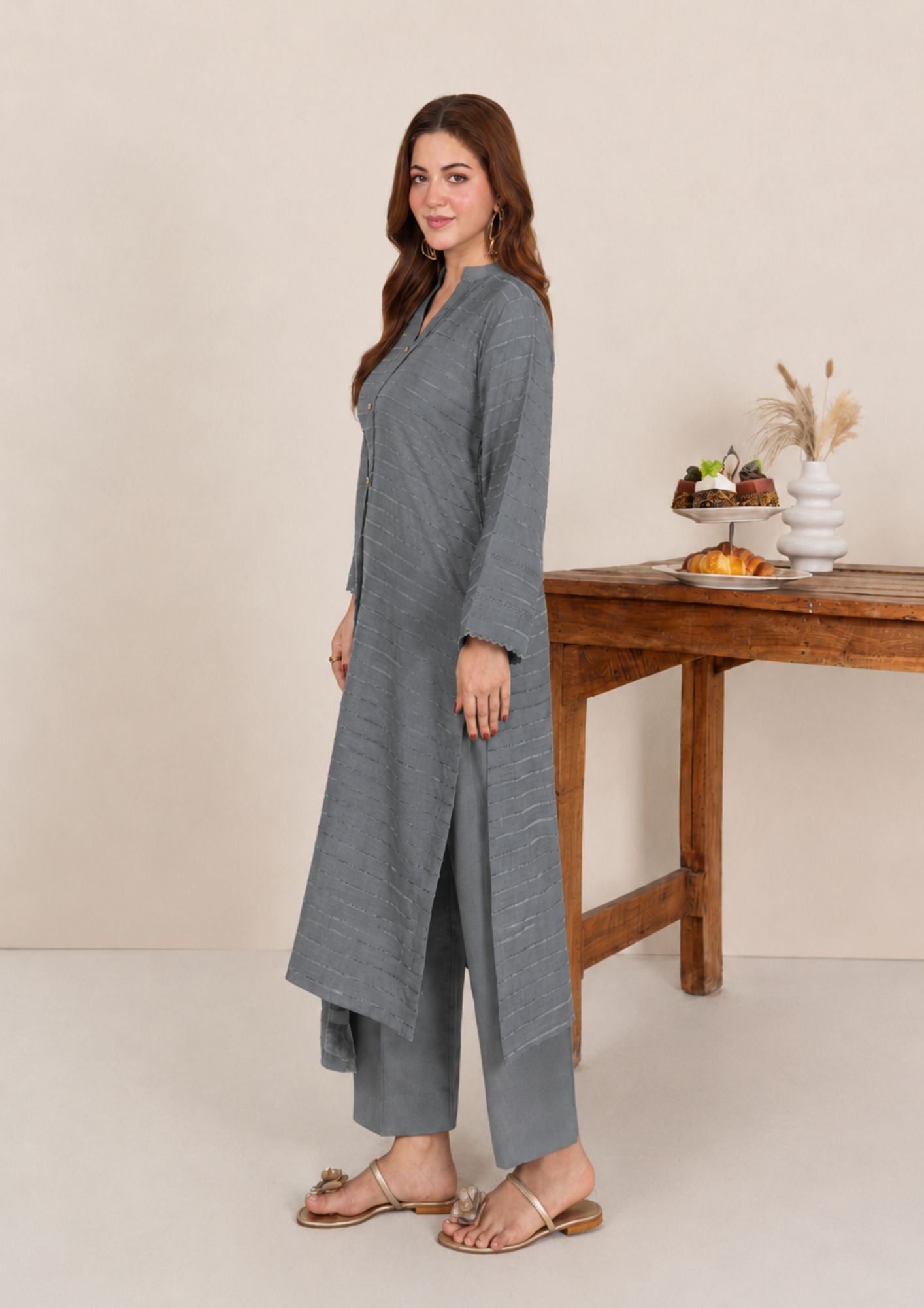 dhanak wool Kurta Set in Grey