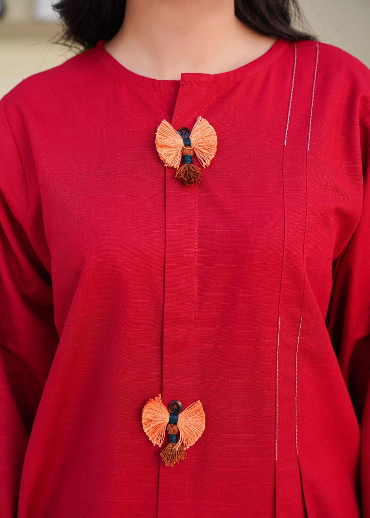 slub khaddar Kurta Set in Crimson
