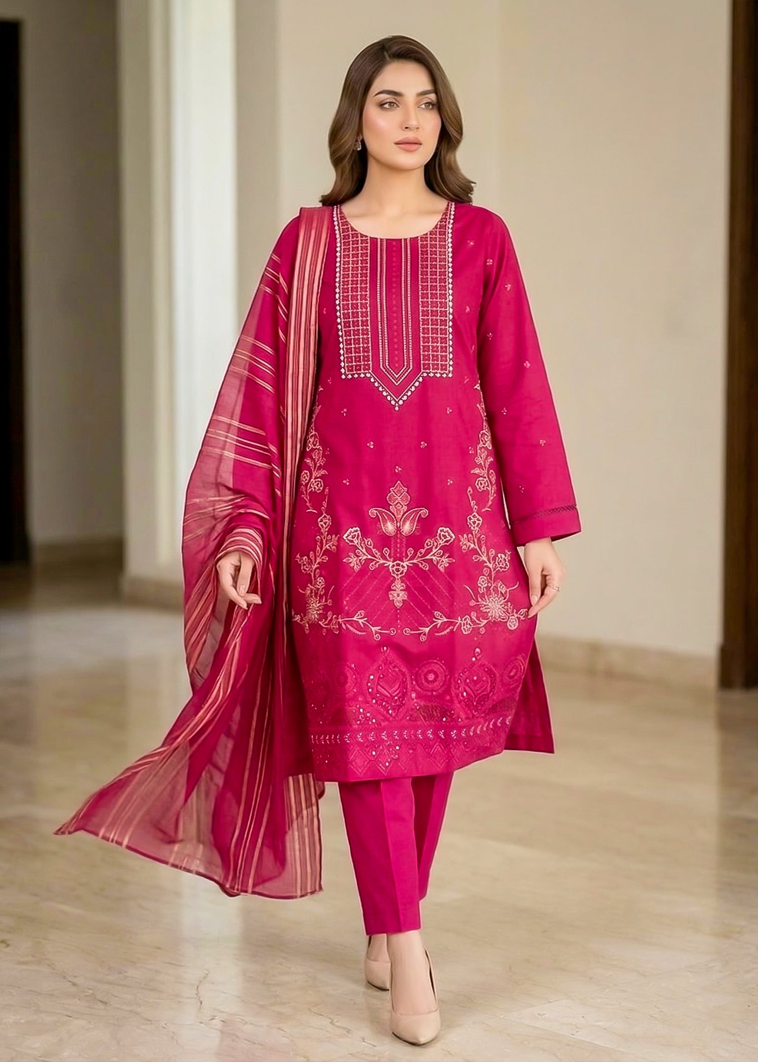 lawn Kurta Set in Shocking pink