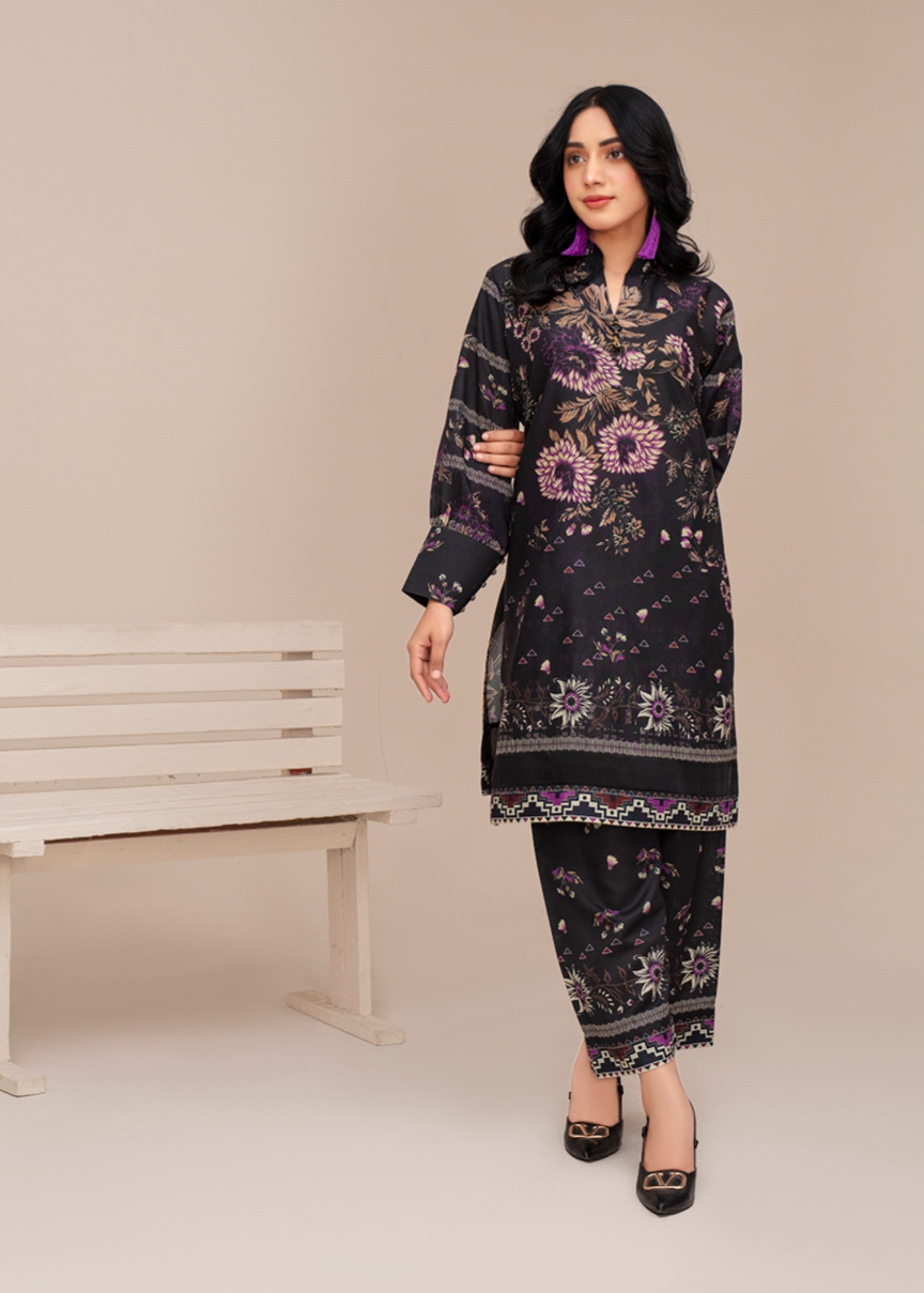 poly lawn Kurta Set in Charcoal black
