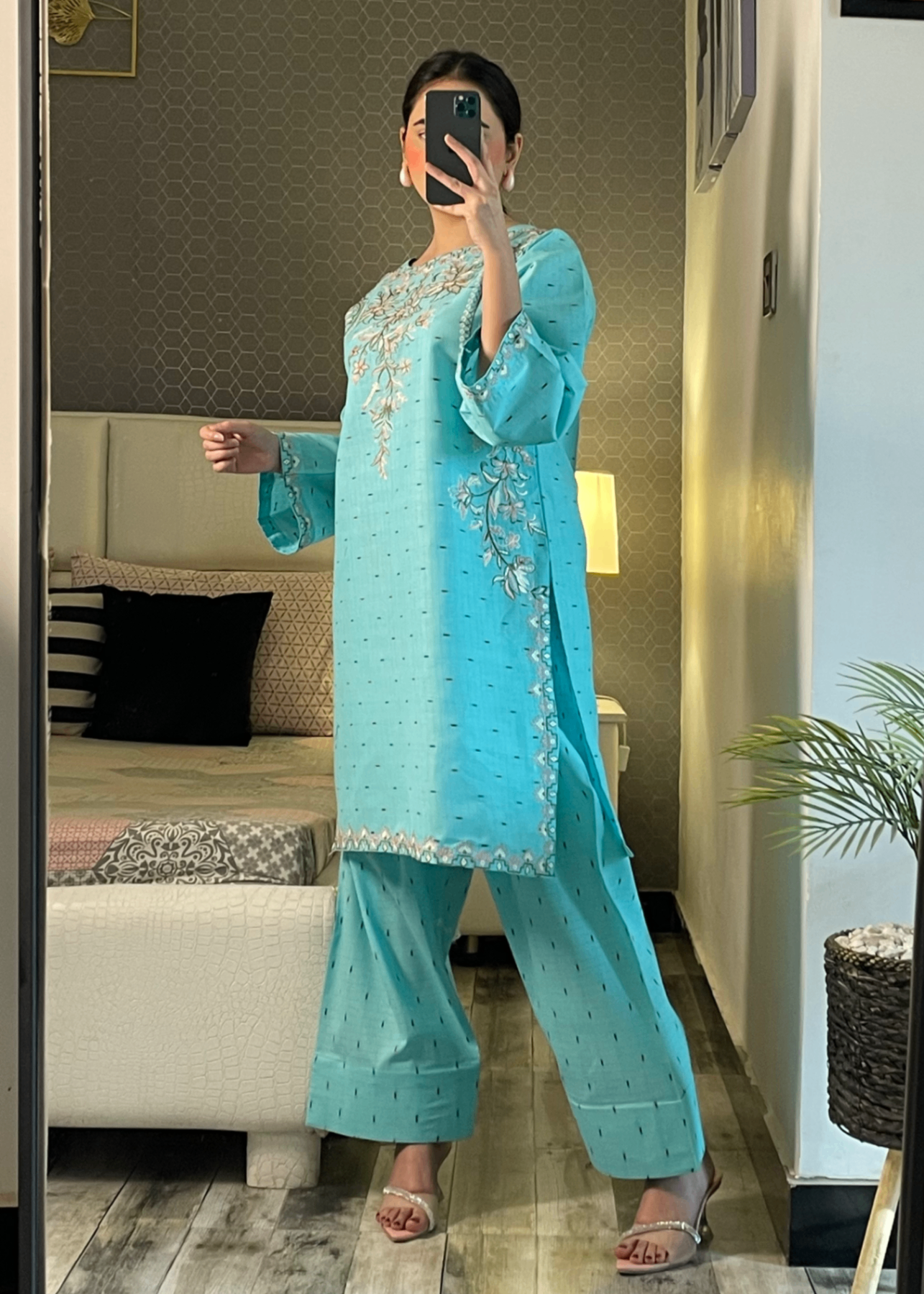 cotton Kurta Set in Pacific blue