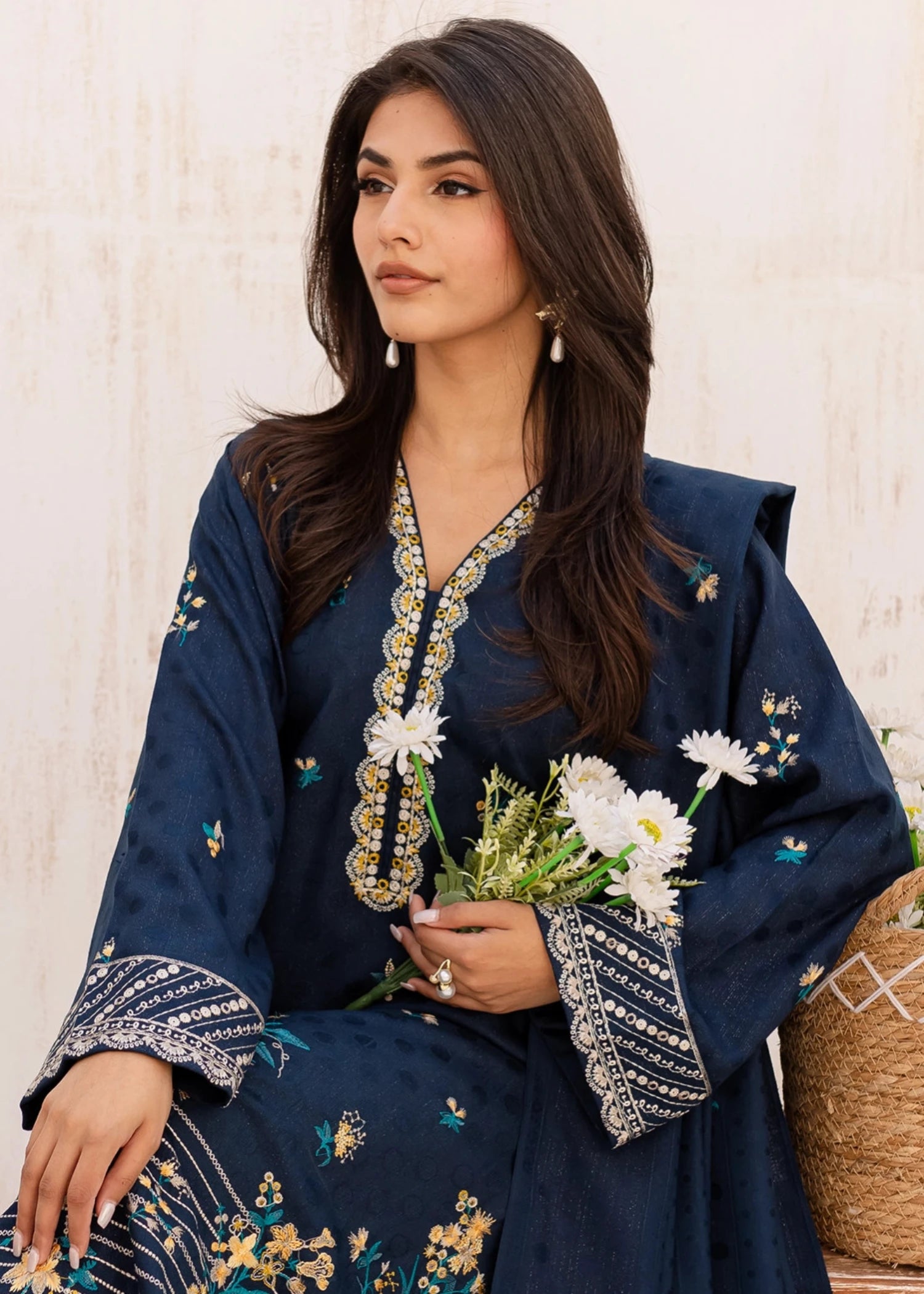 dhanak wool Unstitched in Navy blue