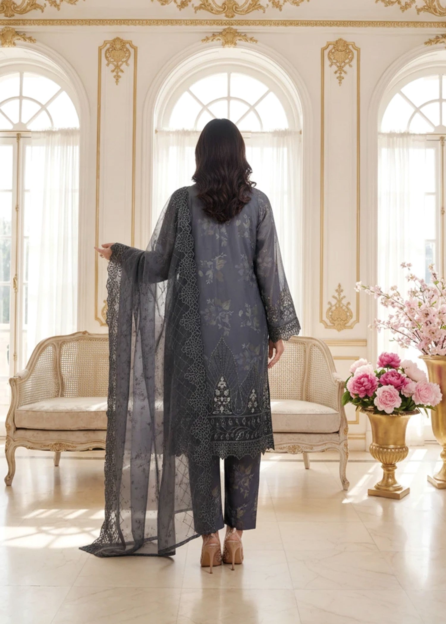 organza Kurta Set in Charcoal black