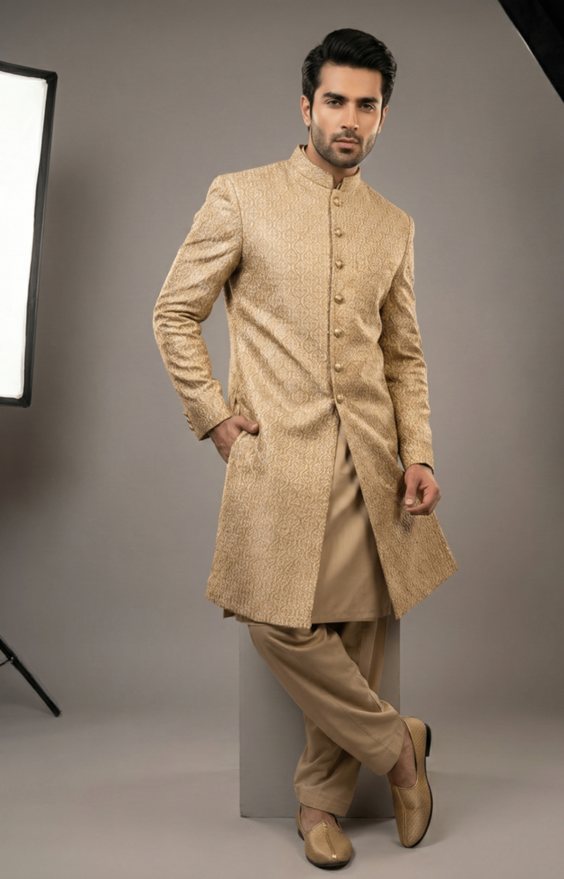 silk Sherwani in Gold