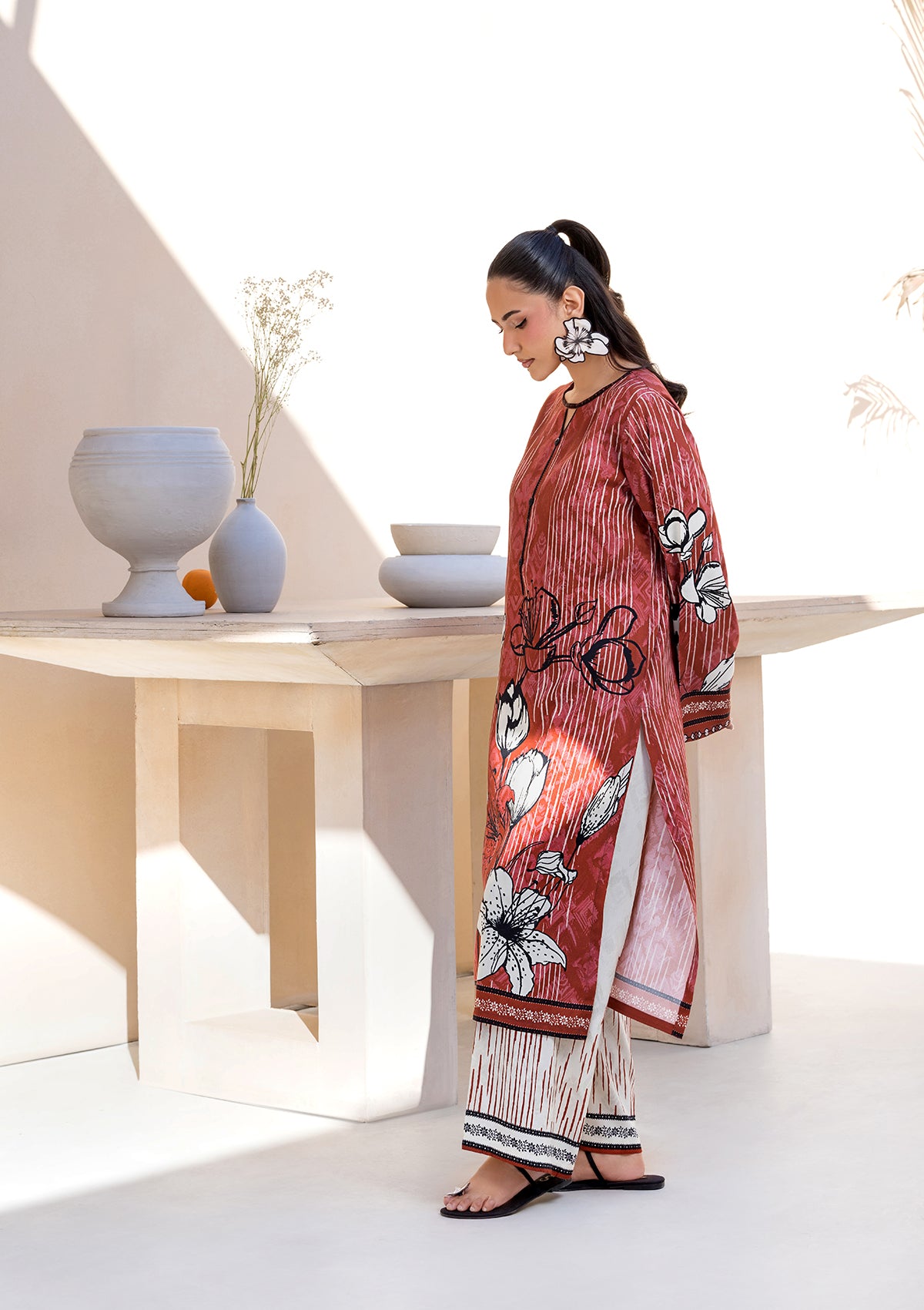 lawn Kurta Set in Rust red