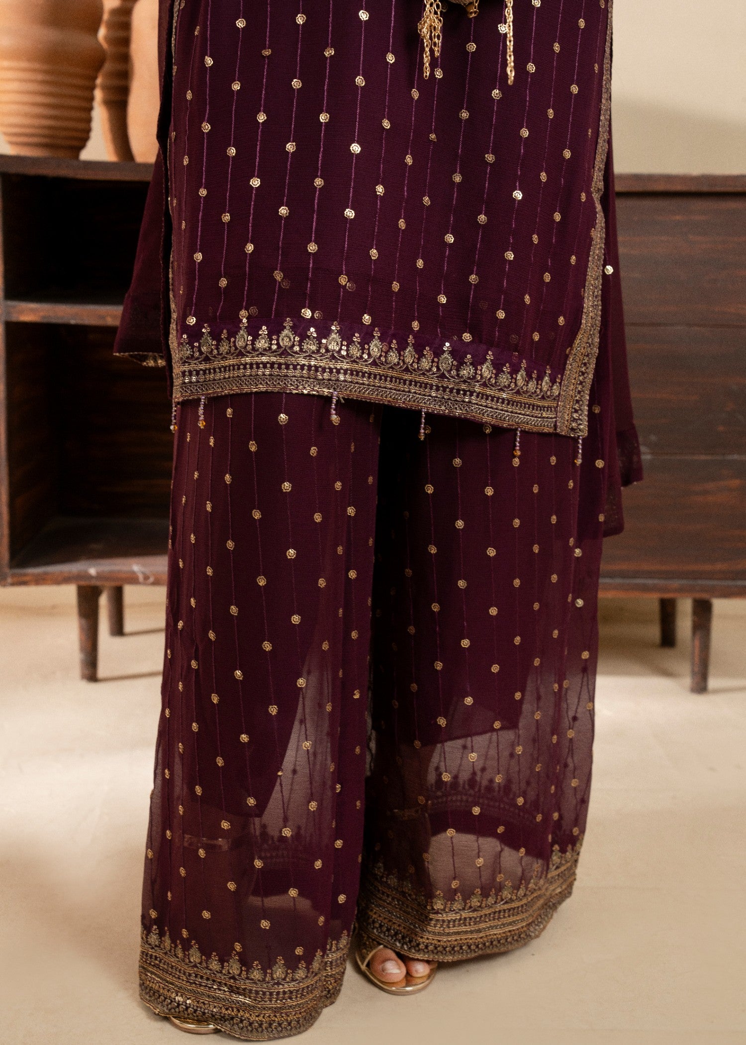chiffon Kurta Set in Burgundy