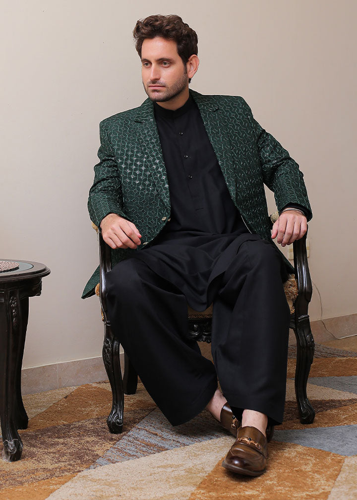 banarsi silk Prince Coat in Dark green