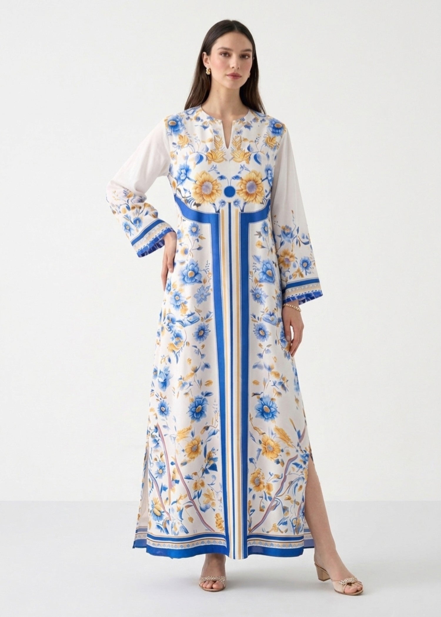 crepe Kaftan in Blue, ivory