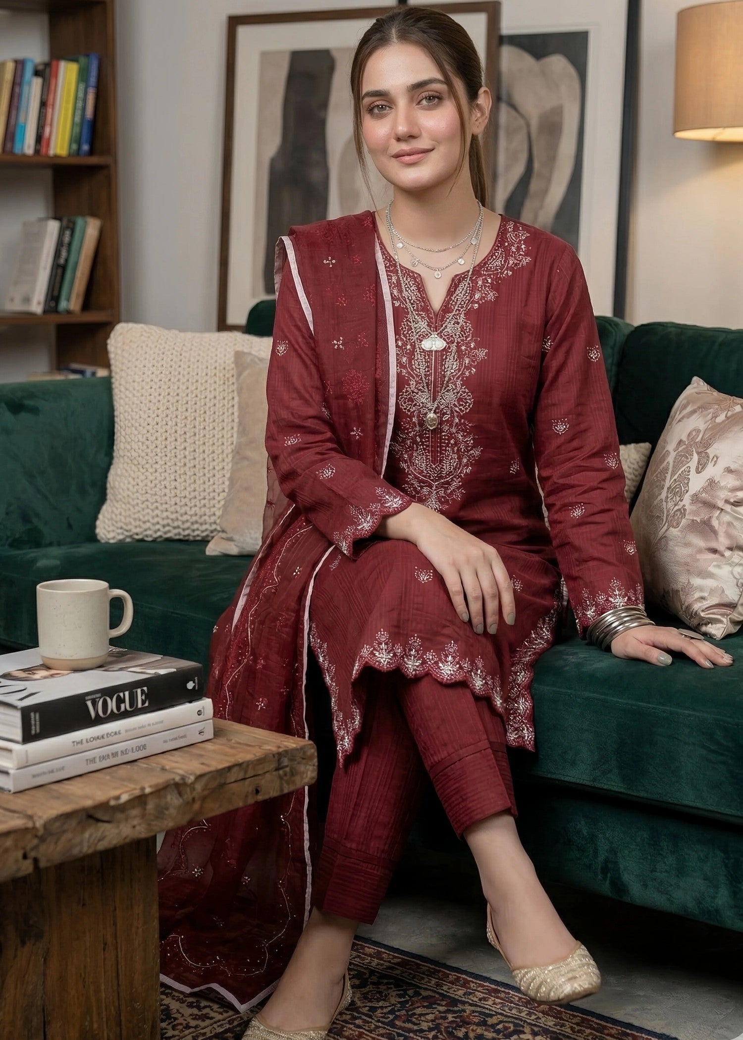 cambric cotton Kurta Set in Maroon