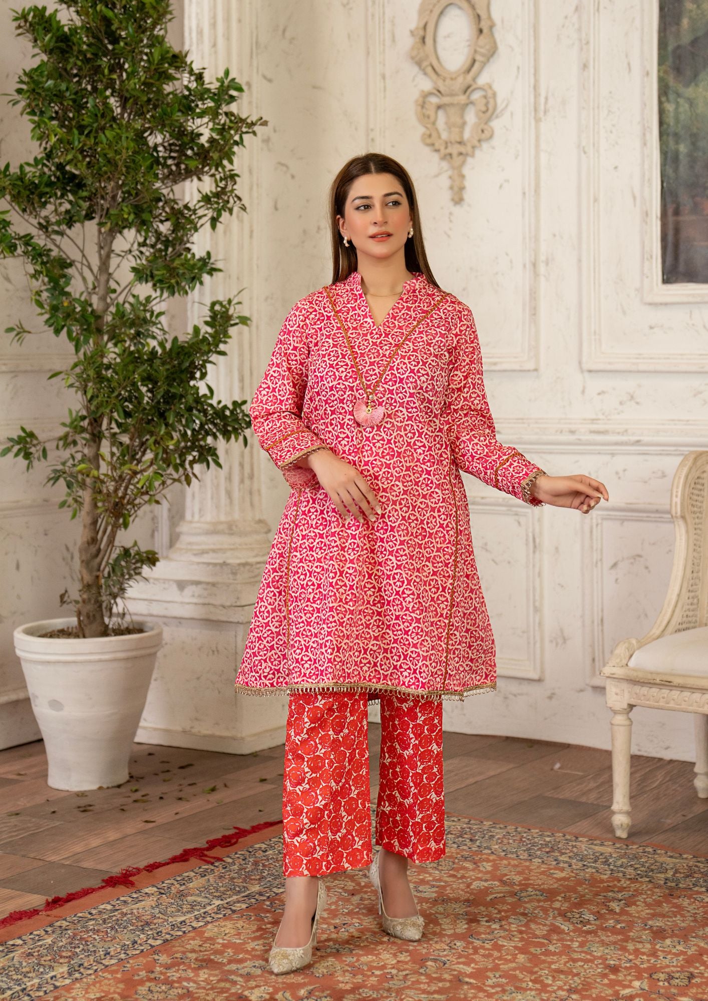 lawn Short Frock in Red