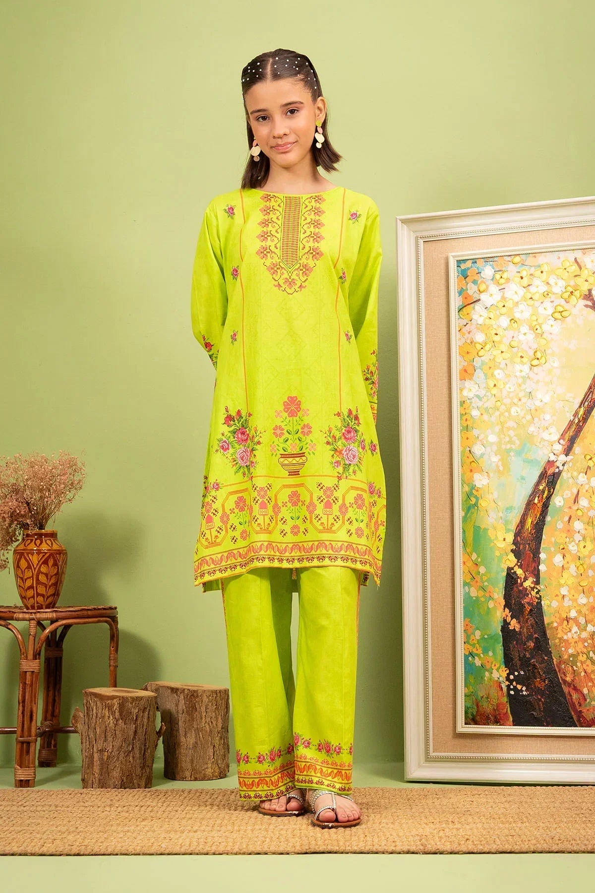 ribbed lawn Kurta Set in Lime green