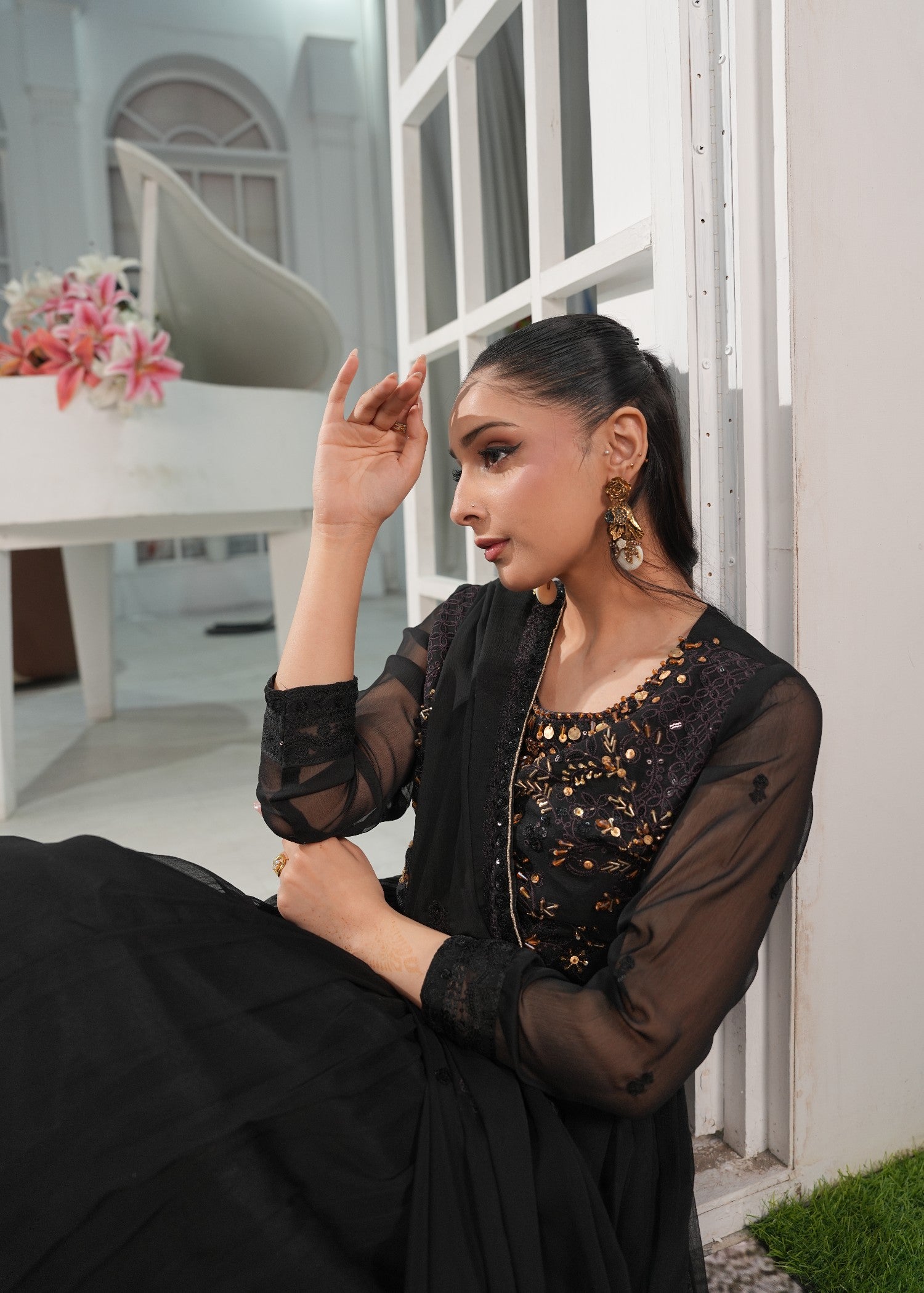 crinkle chiffon Maxi in Black