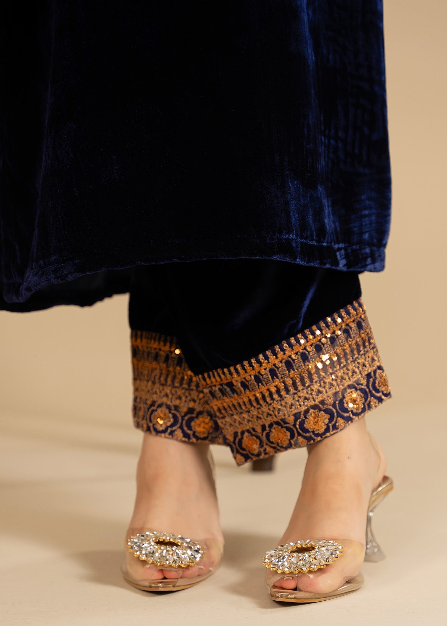 velvet Kurta Set in Navy blue