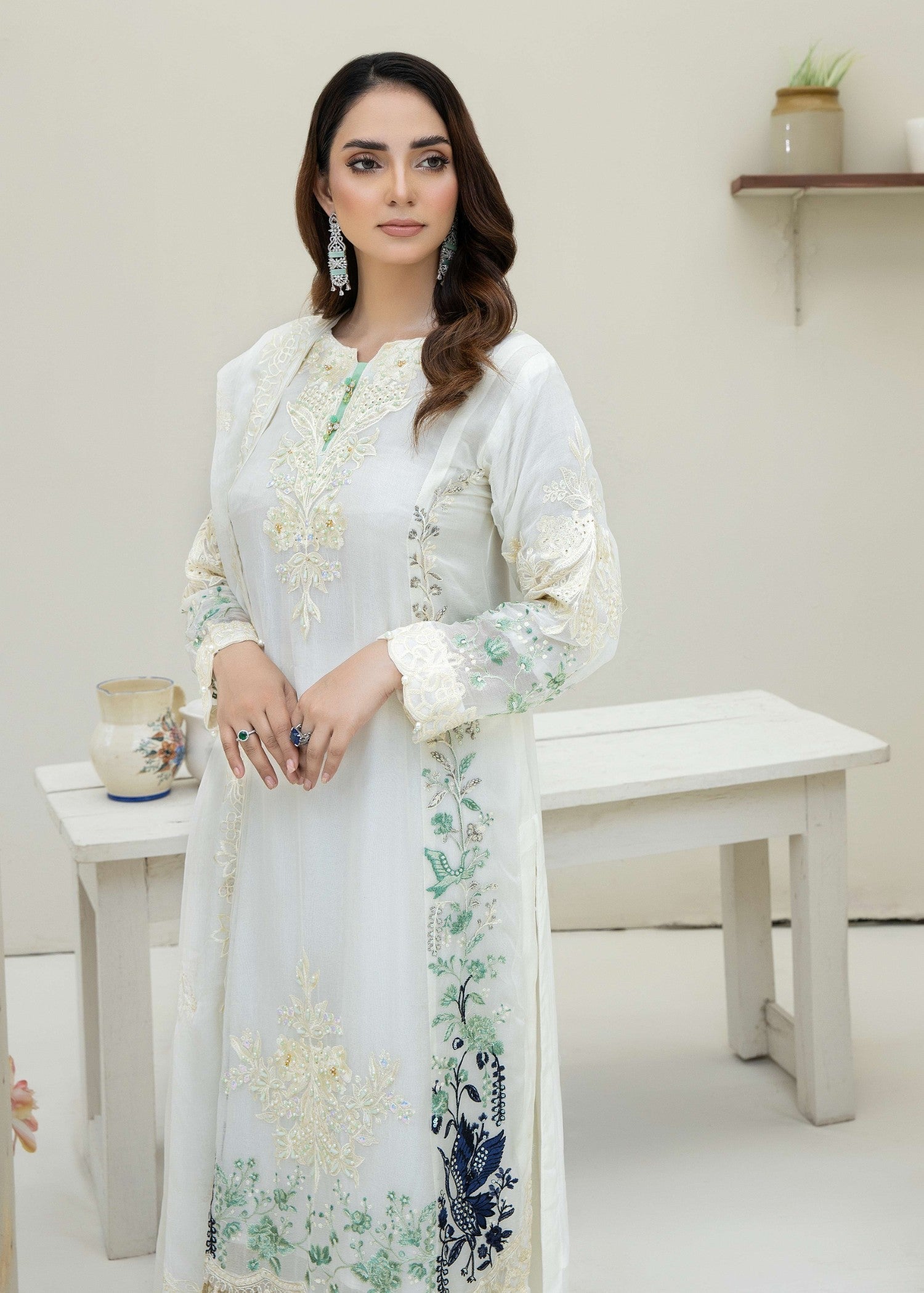chiffon Kurta Set in Pearl white