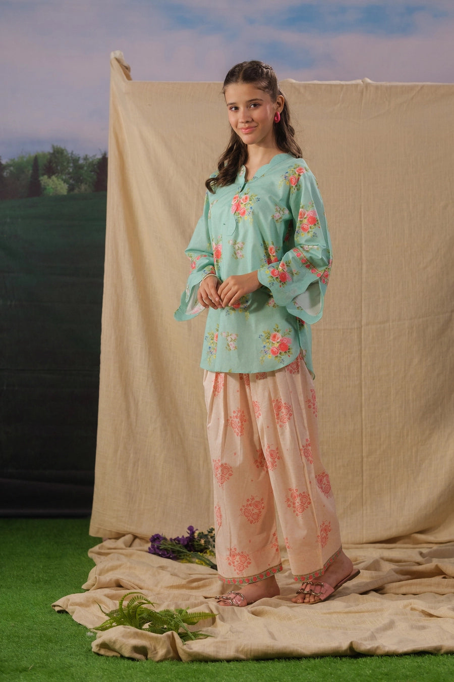 lawn cotton Kurta Set in Aquamarine