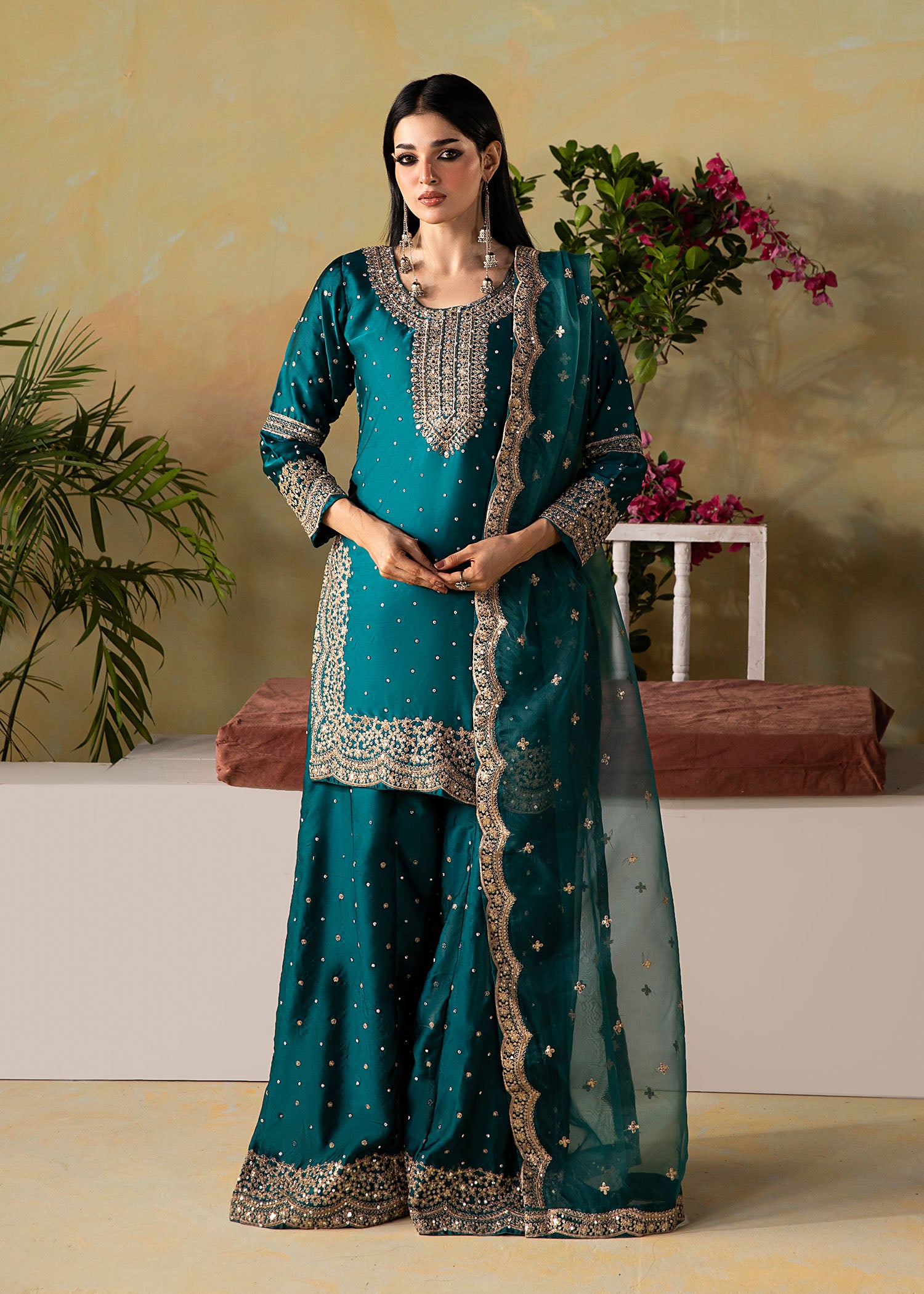 silk charmeuse Kurta Set in Teal