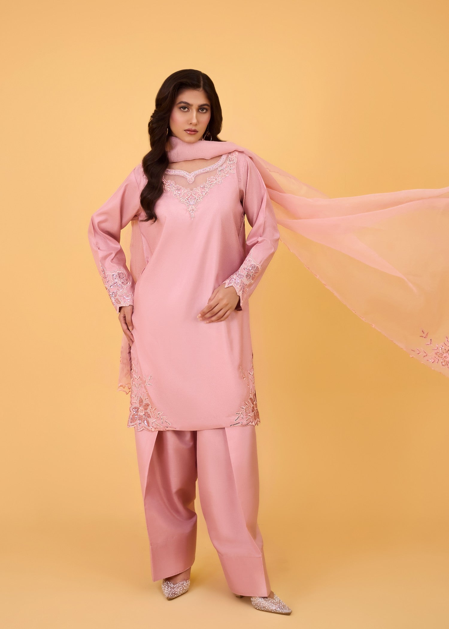 kattan silk Kurta Set in Salmon pink